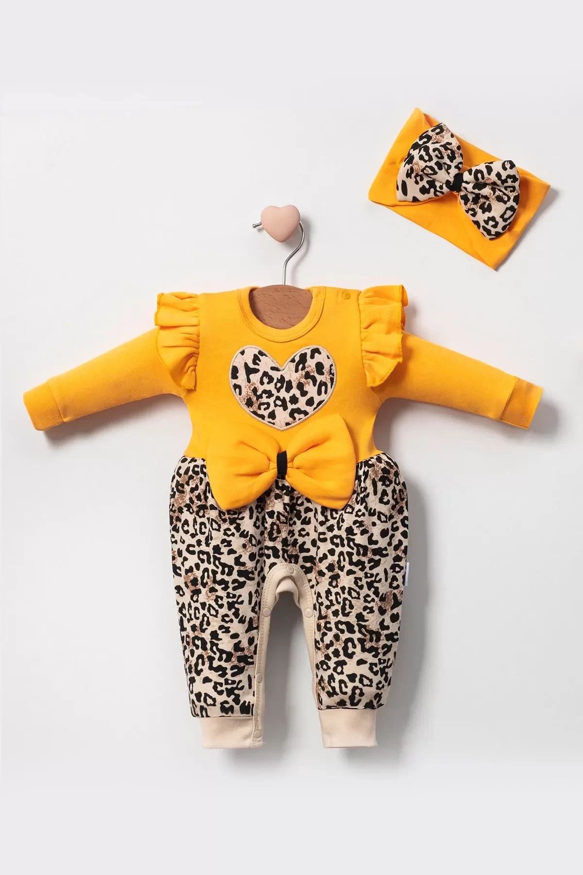 Shop58 Leopar Desenli Fiyonklu % 100 Pamuk Kız Bebek Tulum
