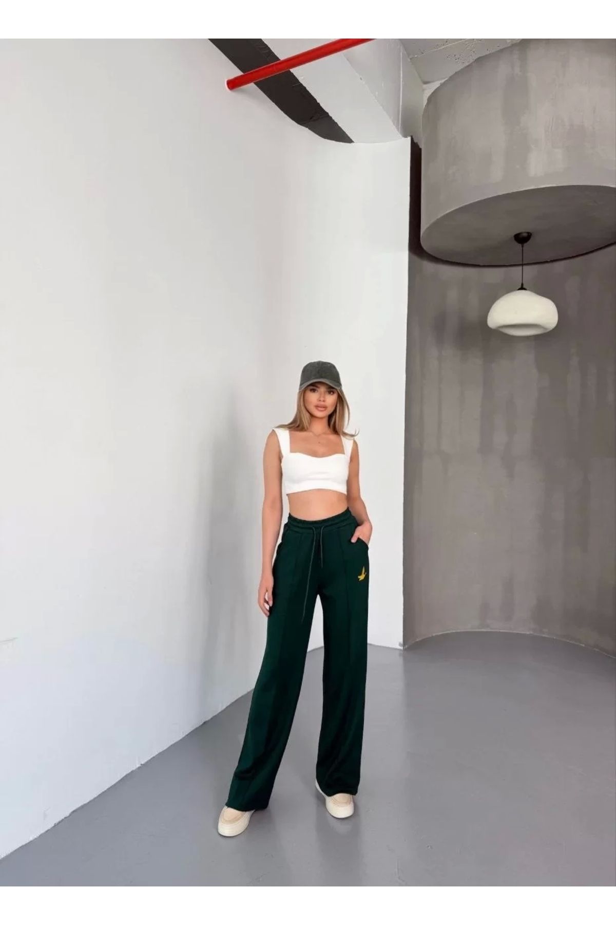 CVS Osy Modal Yumuşak Dokulu Kumaş Nakış işlemeli Rahat Bol Paça Eşofman Pantalon - Haki