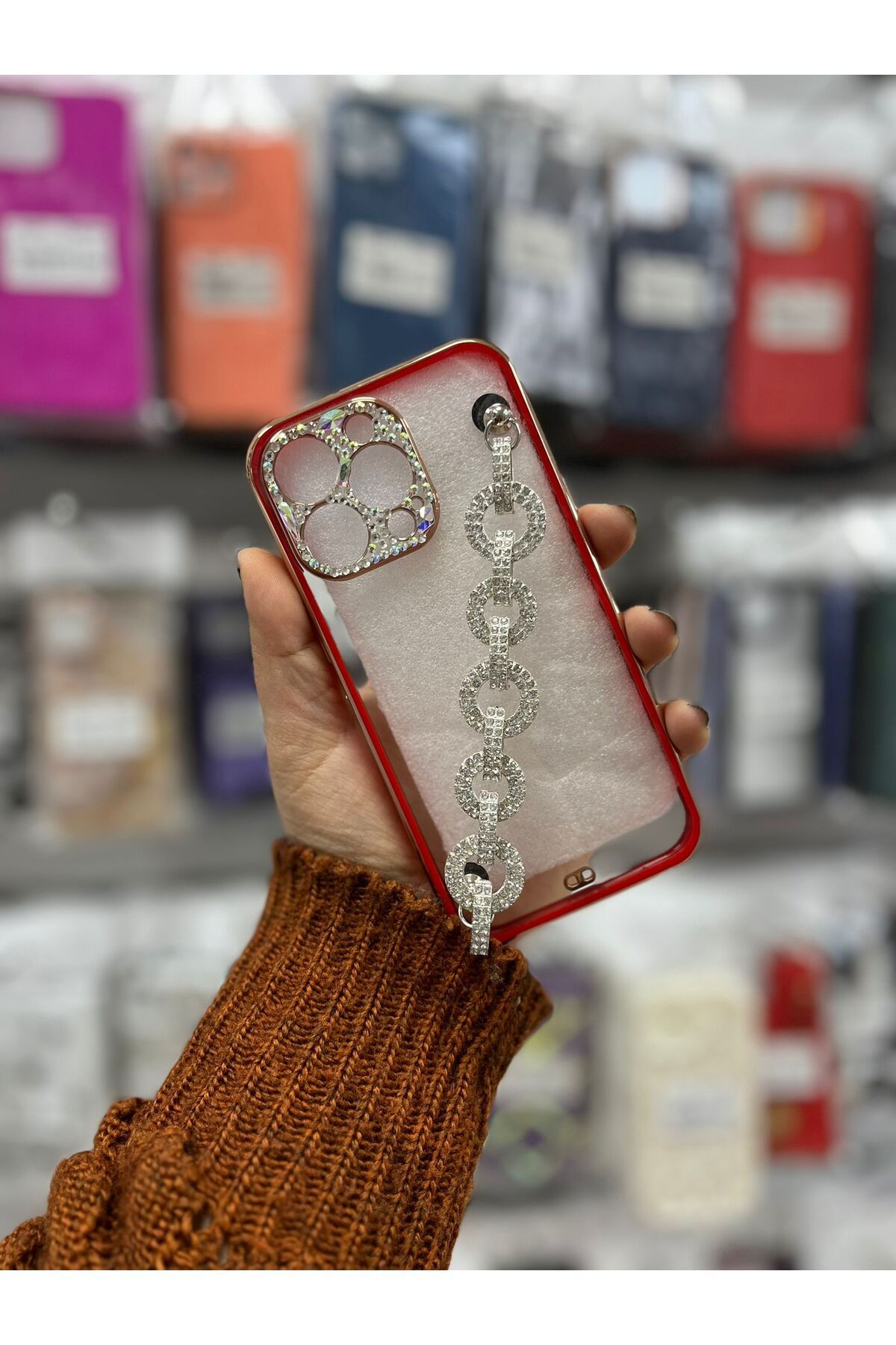 TECNOTREND Apple İphone 13 Pro Kamere korumalı gümüş kristal taş süslemeli el tutmalı silikon kılıf