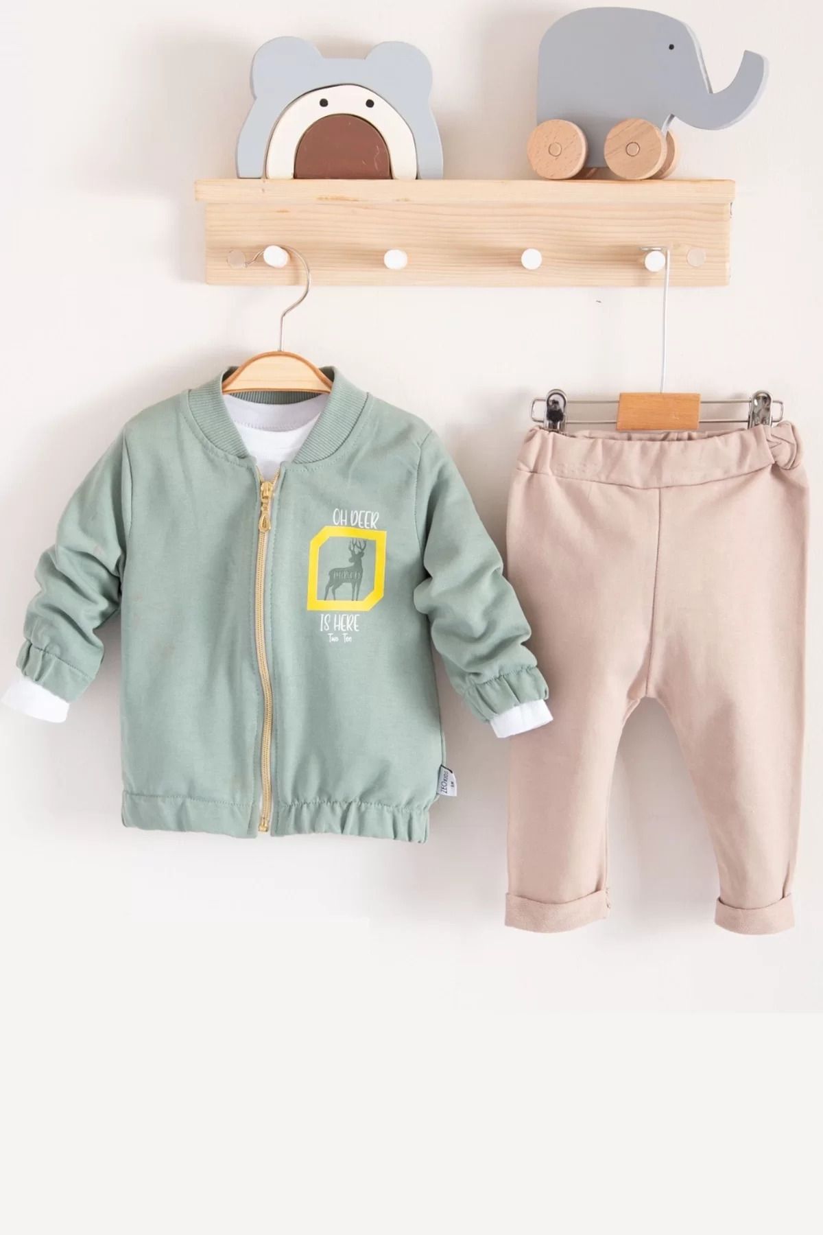 Shop58 Geyik Desenli Hırkalı 3'lü Erkek Bebek Takım