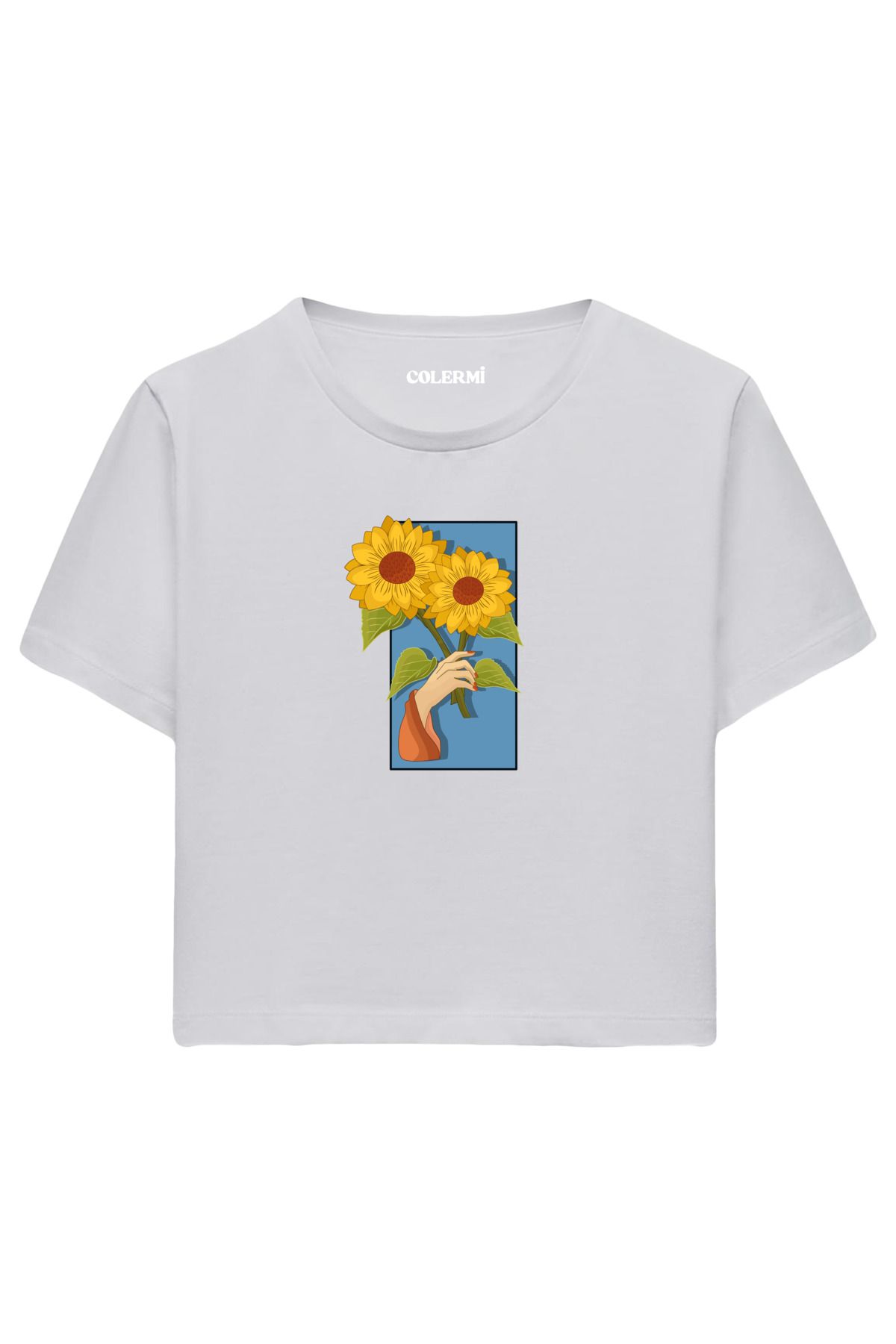 Colermi Ayçiçeği Tutulmuş %100 Pamuk Kadın Crop Tshirt