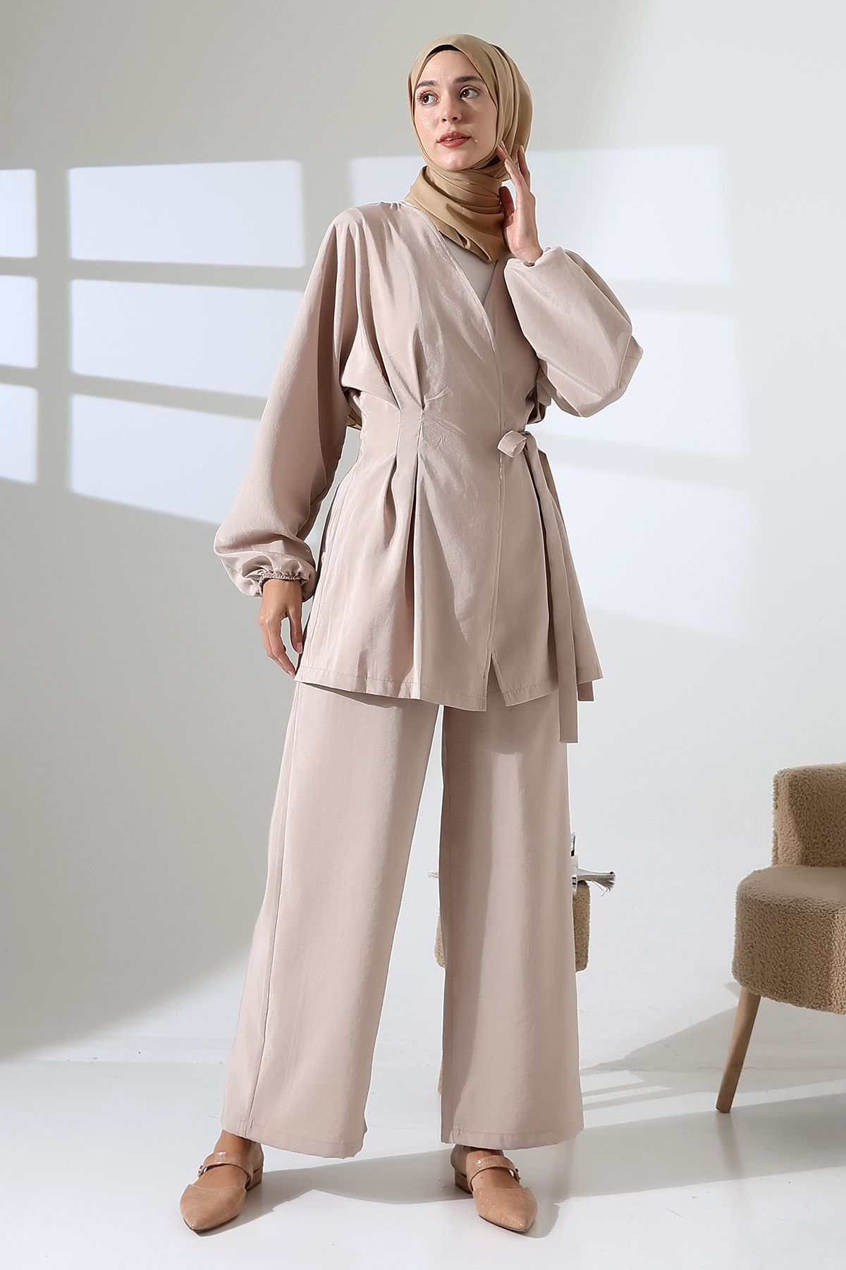 Mihran Butik Kadın 100% Pamuk Modal Krem Kimono Pantolon Tesettür Takım