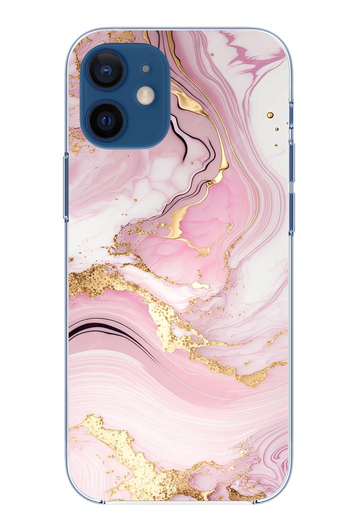 TechTree iPhone 12 Mini Uyumlu Pembe Mermer Şeffaf Silikon Kılıf