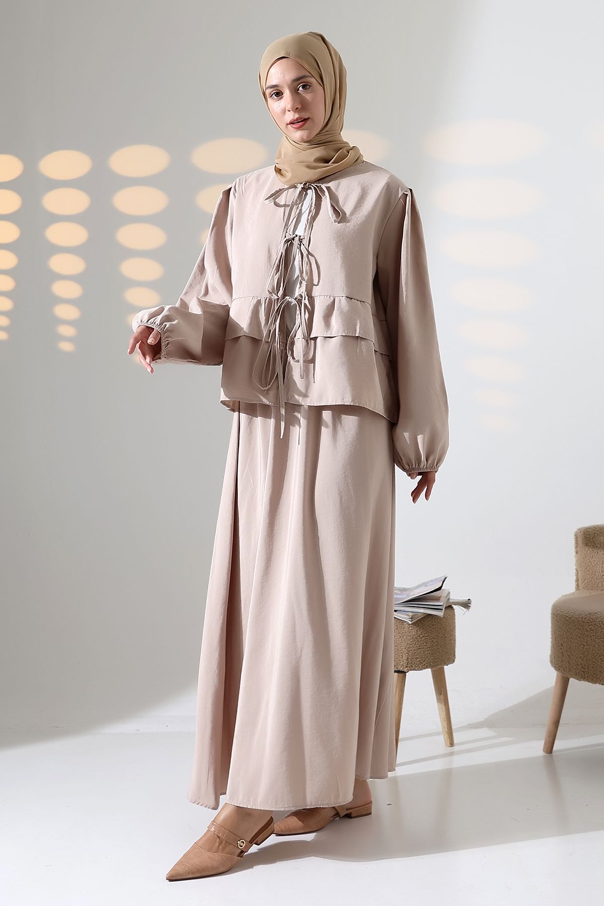 Mihran Butik Kadın 100% Pamuk Modal Krem Gömlek Etek Tesettür Takım