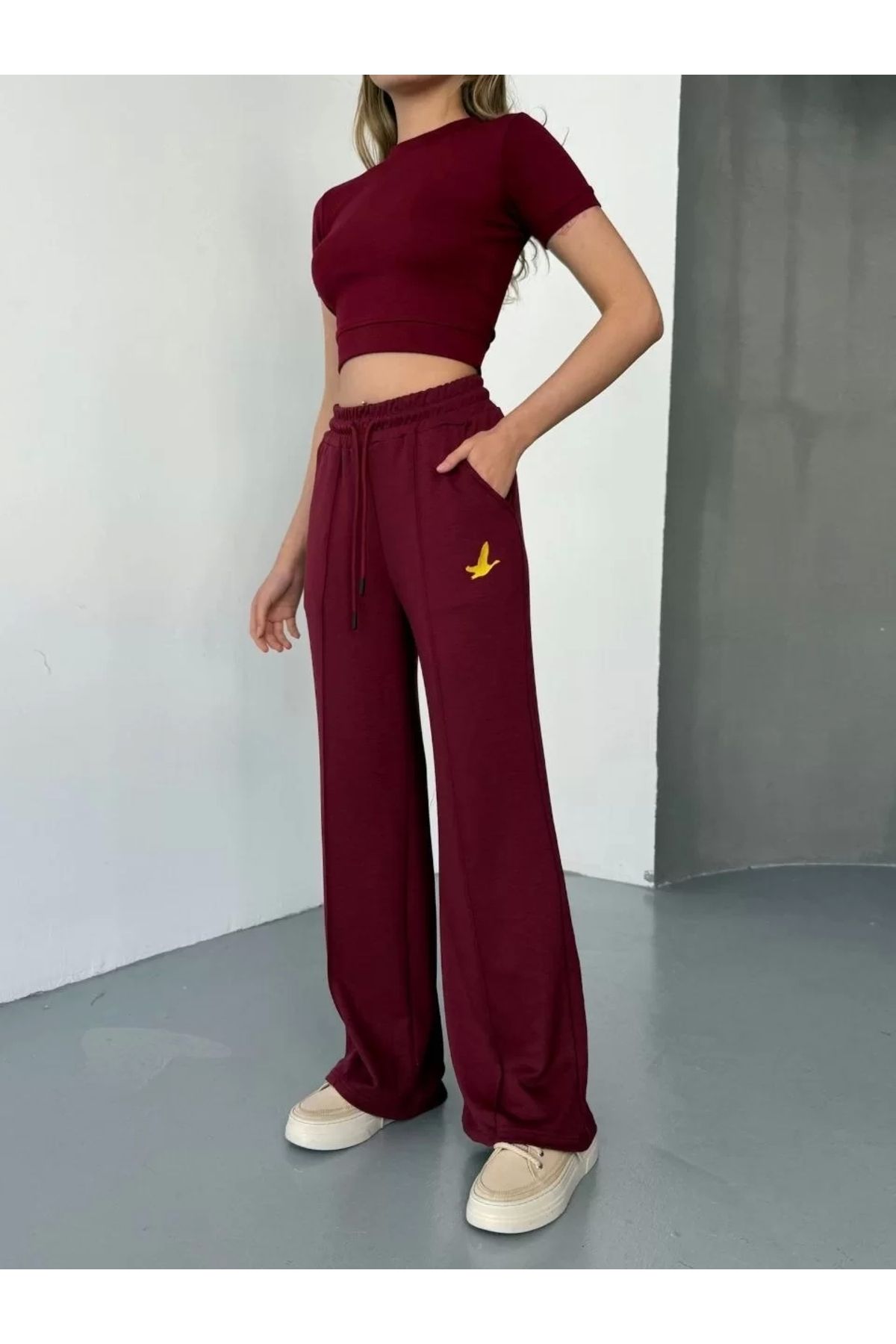 CVS Osy Modal Yumuşak Dokulu Kumaş Nakış işlemeli Rahat Bol Paça Eşofman Pantalon - Bordo