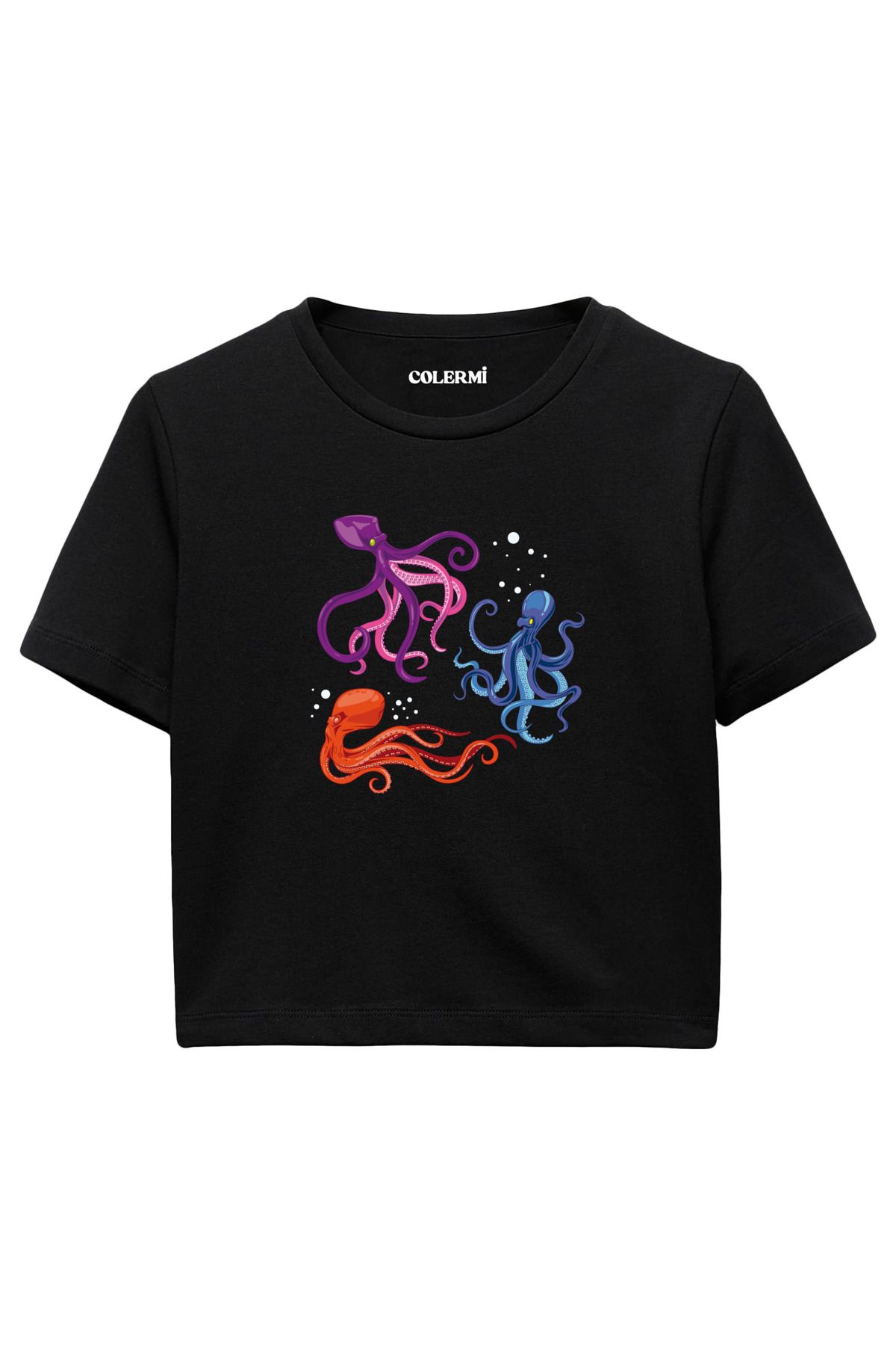 Colermi Renkli Ahtapot Baskılı %100 Pamuk Kadın Crop Tshirt