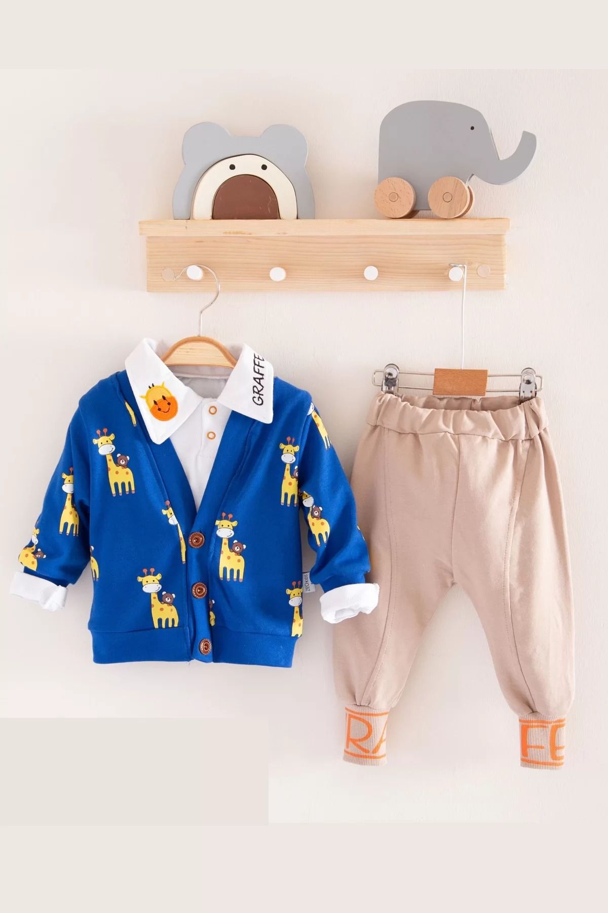 Shop58 Zürafa Desenli Gömlek Yakalı 3'lü Erkek Bebek Takımı