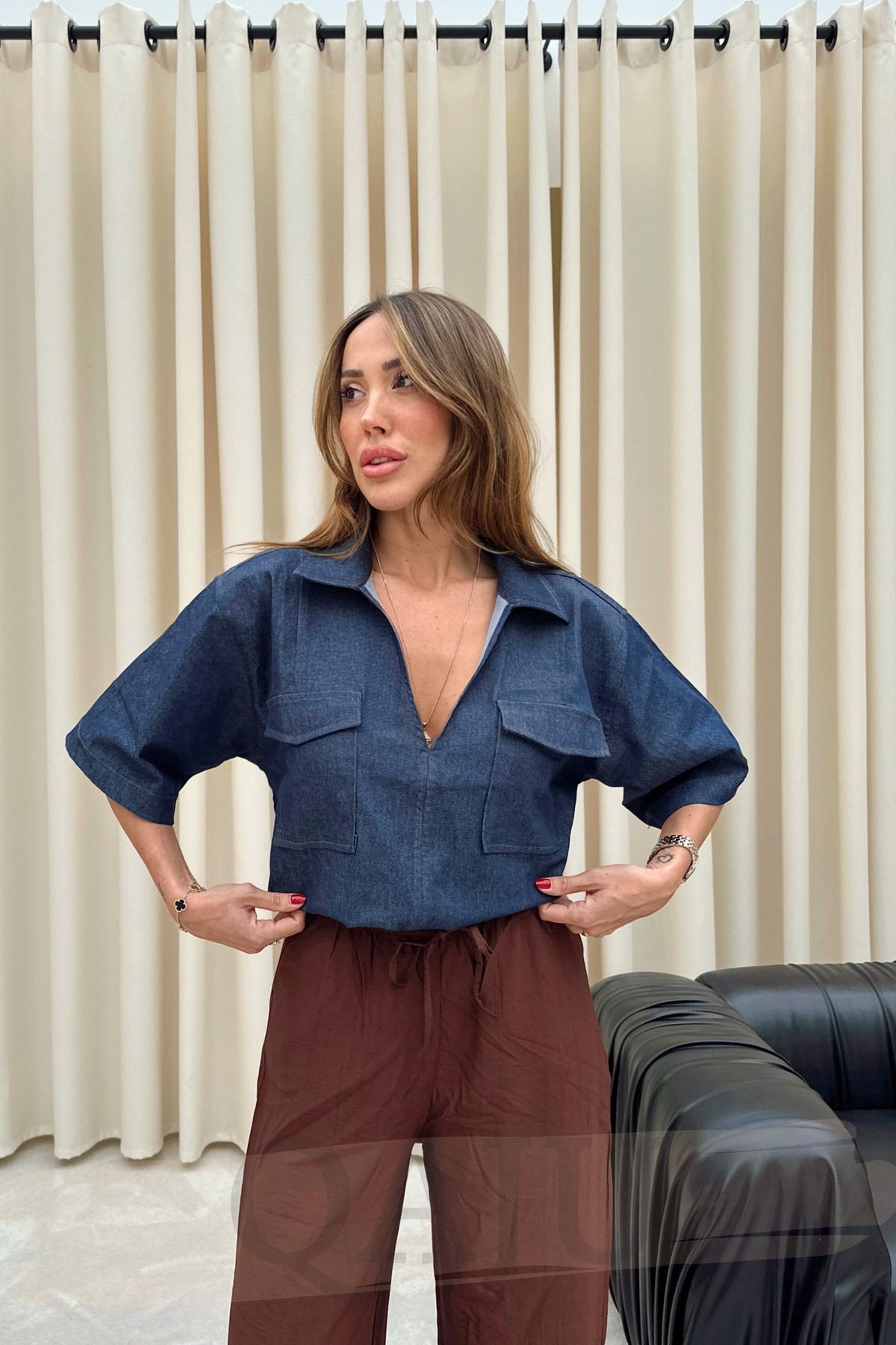 Qaju Kadın Mavi Denim Oversize Crop Bluz