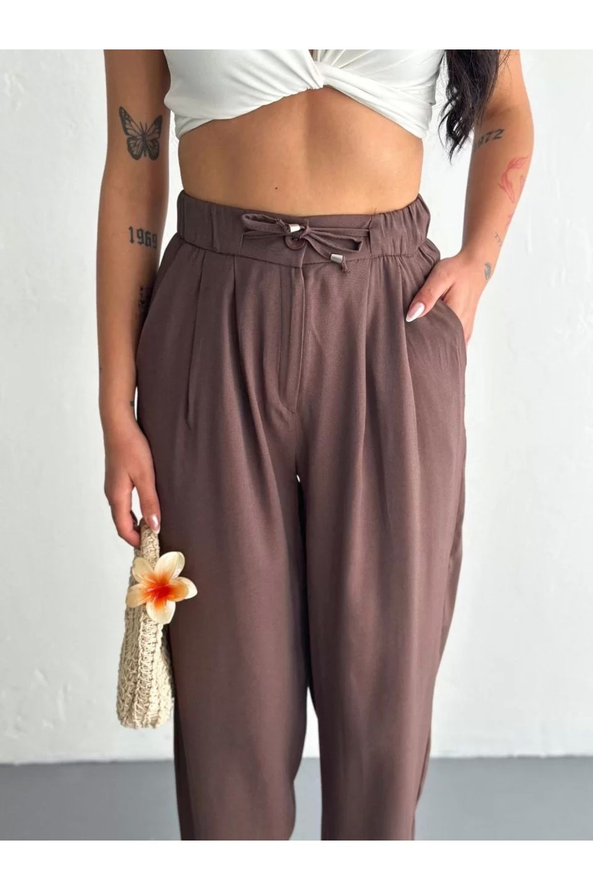 CVS Kadın Yüksel Bel Rahat Paça Pantalon - Kahverengi