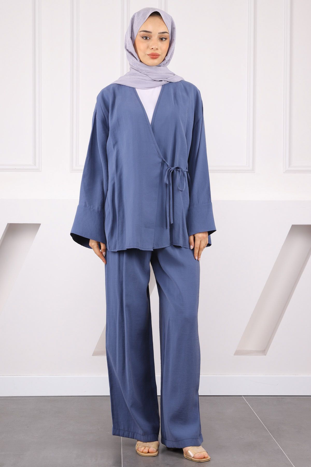 İmajButik İndigo Bel Bağlamalı Modal Kimono Pantolonlu Takım