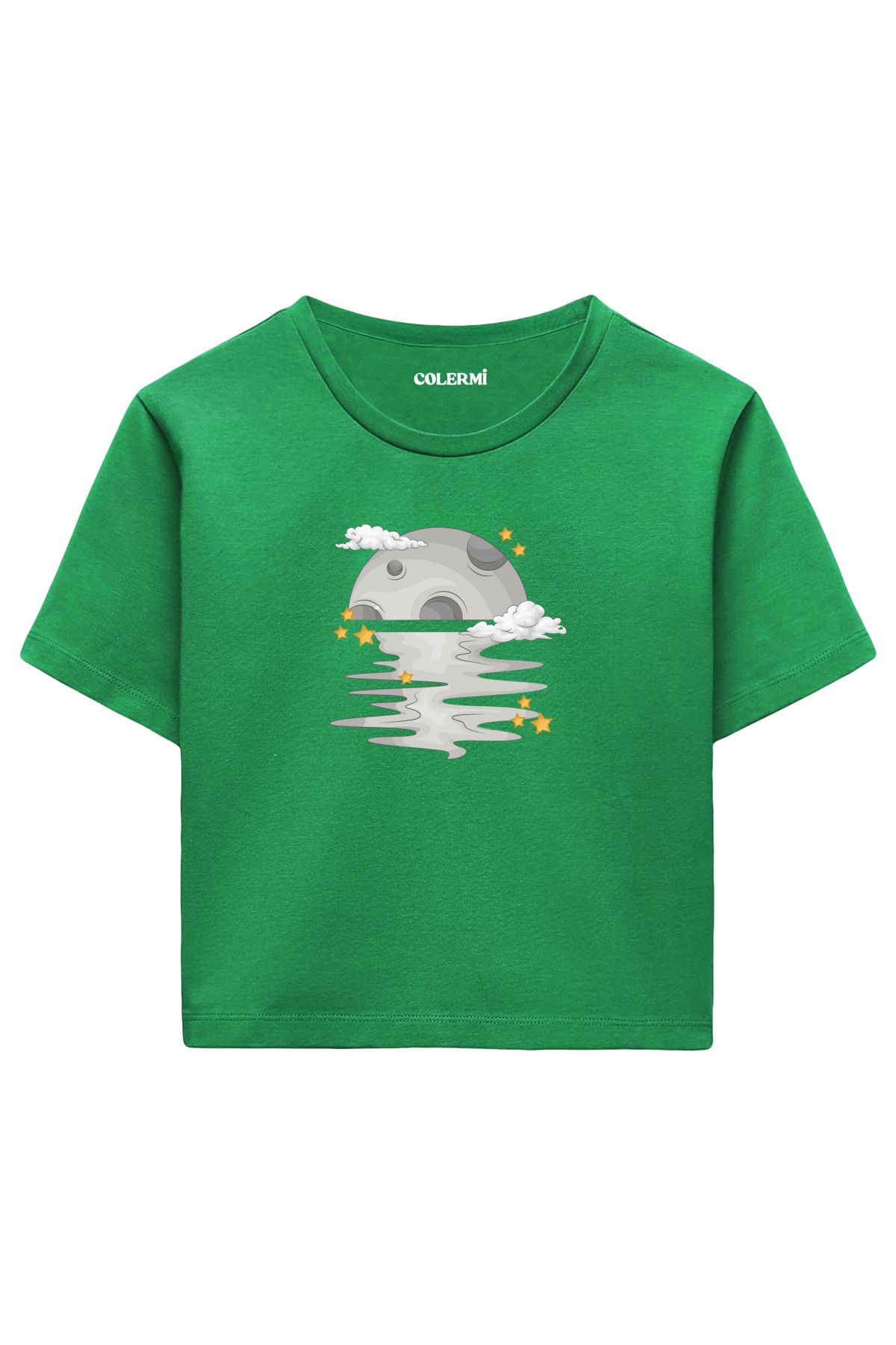 Colermi Yansıyan Ay ve Yıldızlar %100 Pamuk Kadın Crop Tshirt