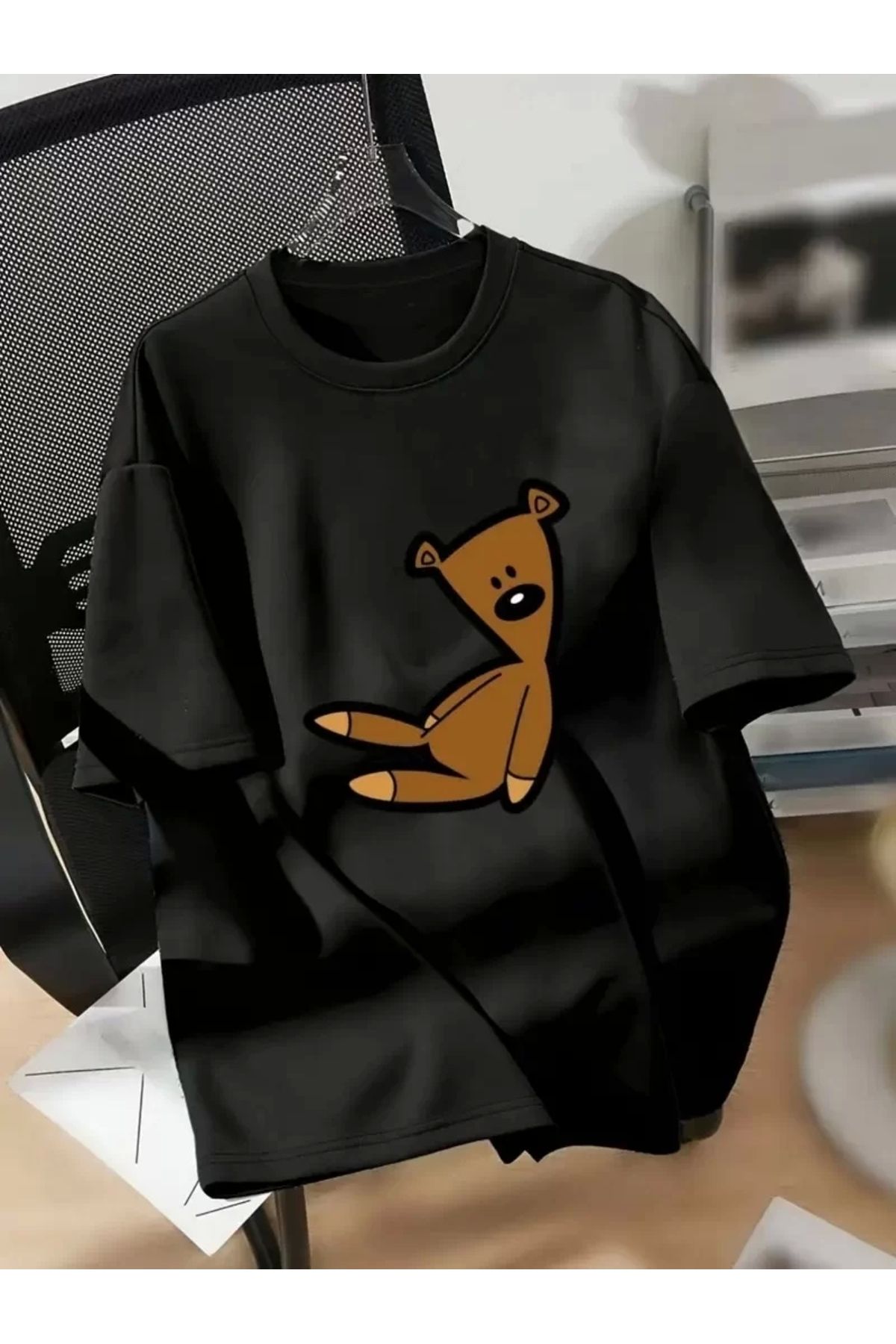 CVS Ayı Baskılı Oversize Bisiklet Yaka T-shirt - Siyah