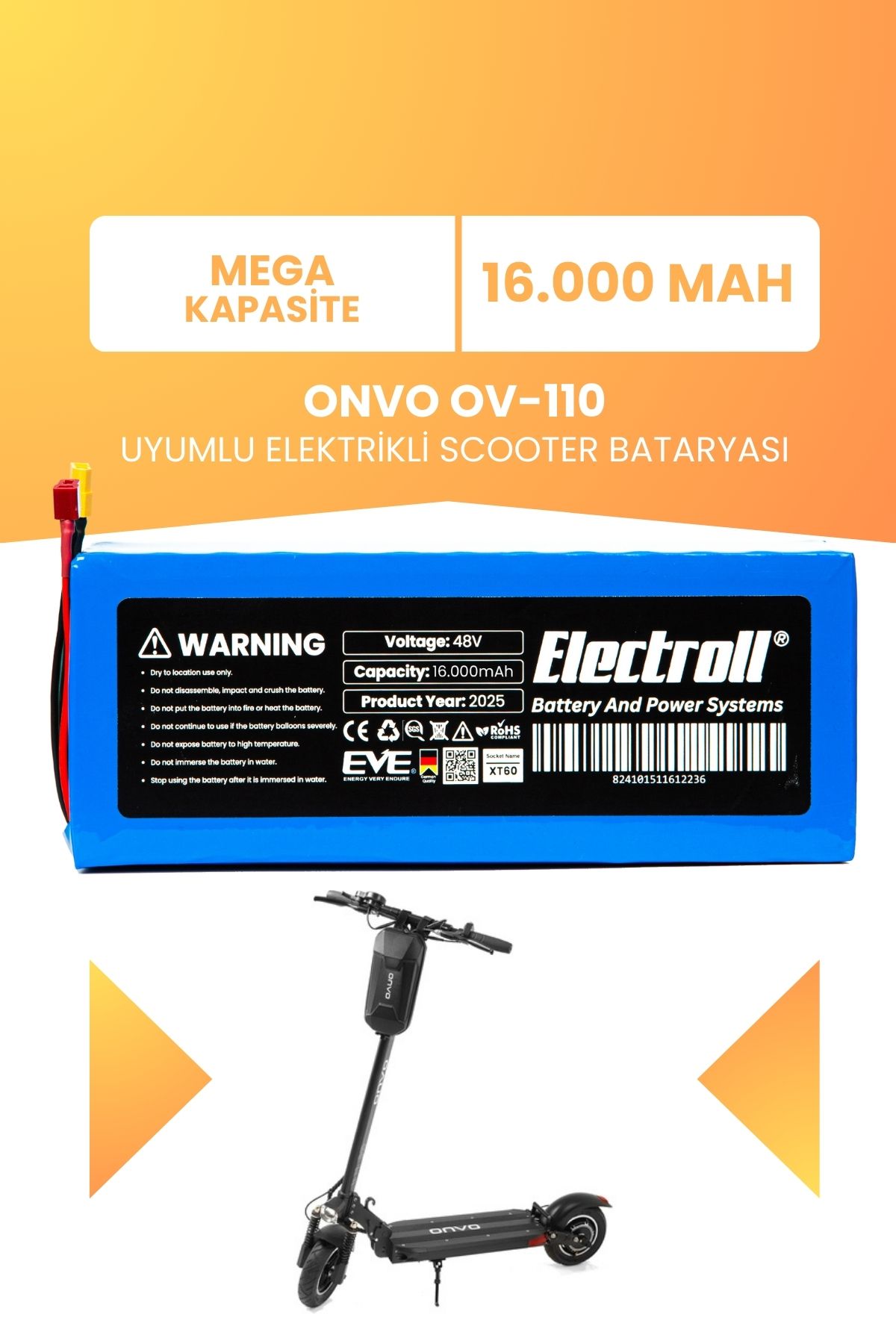 ELECTROLL ONVO OV-110 Batarya (Mega Kapasite) Batarya 48v 16ah Pil Elektrikli Scooter Bataryası