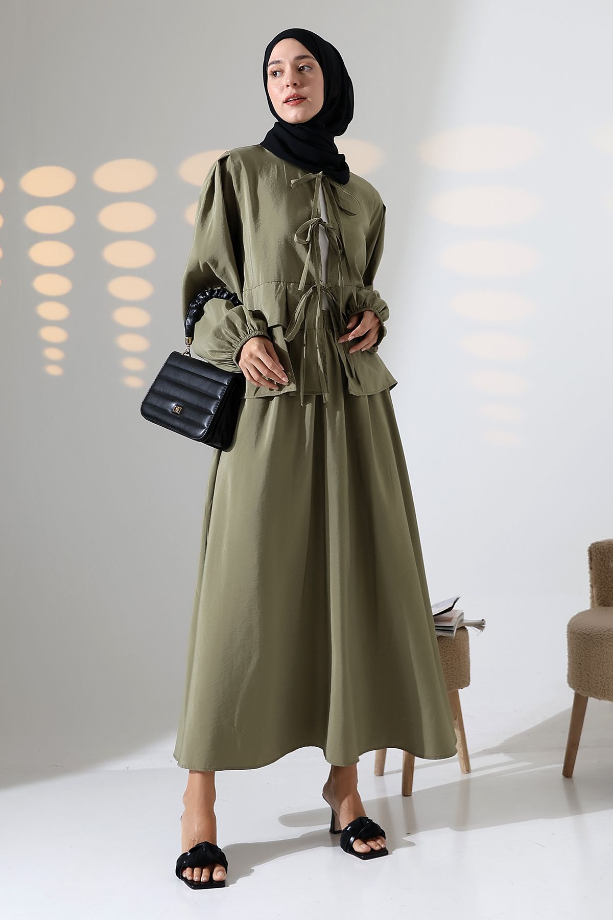 Mihran Butik Kadın 100% Pamuk Modal Haki Gömlek Etek Tesettür Takım