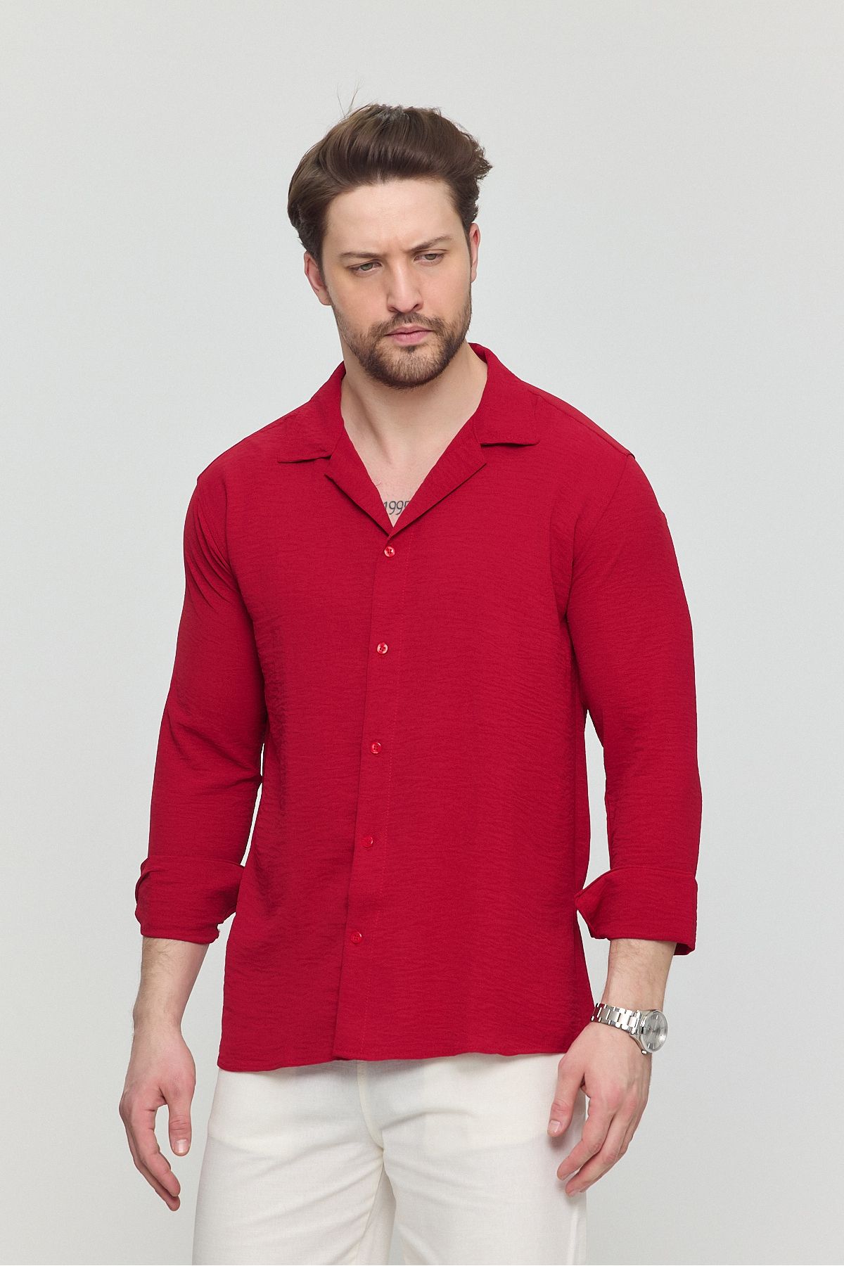 Gray Clothing Keten Aerobin Bol Kalıp Oversize Yazlık Salaş Gömlek Kırmızı
