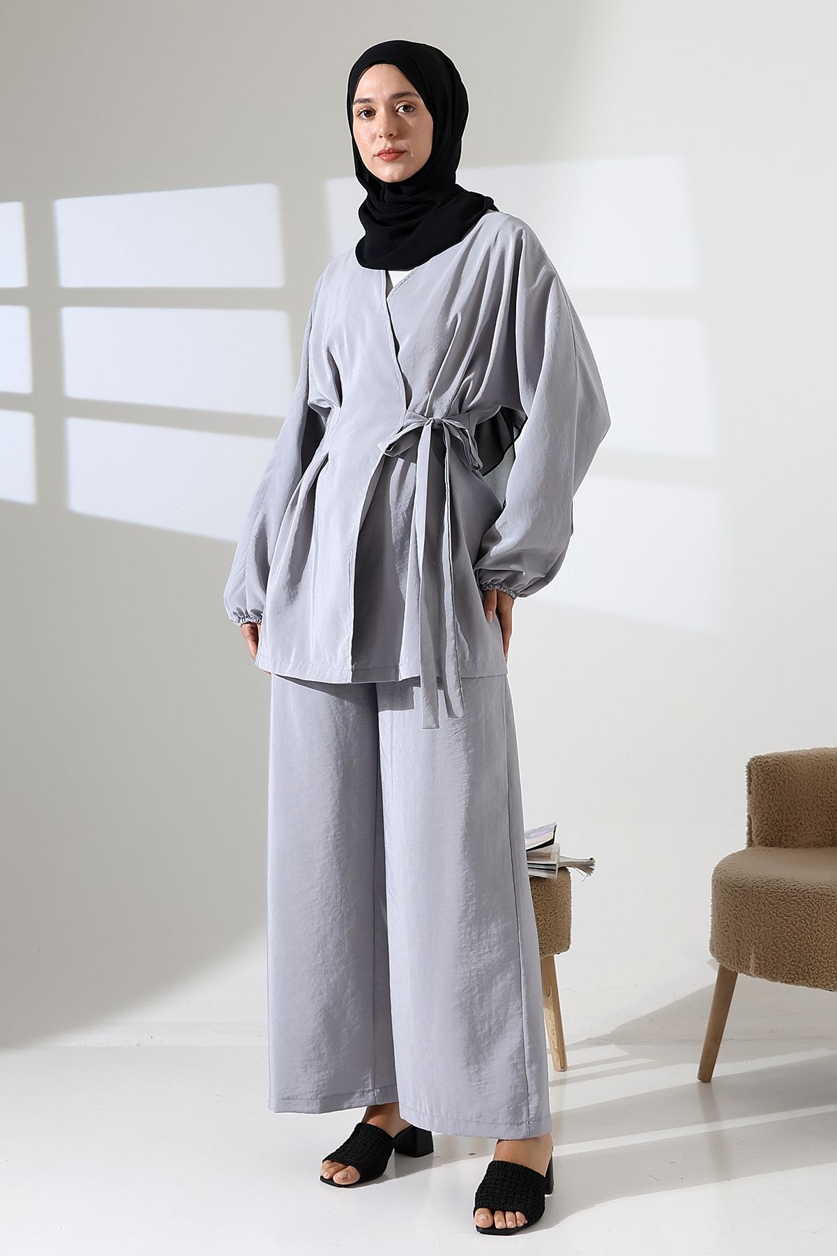 Mihran Butik Kadın 100% Pamuk Modal Gri Kimono Pantolon Tesettür Takım