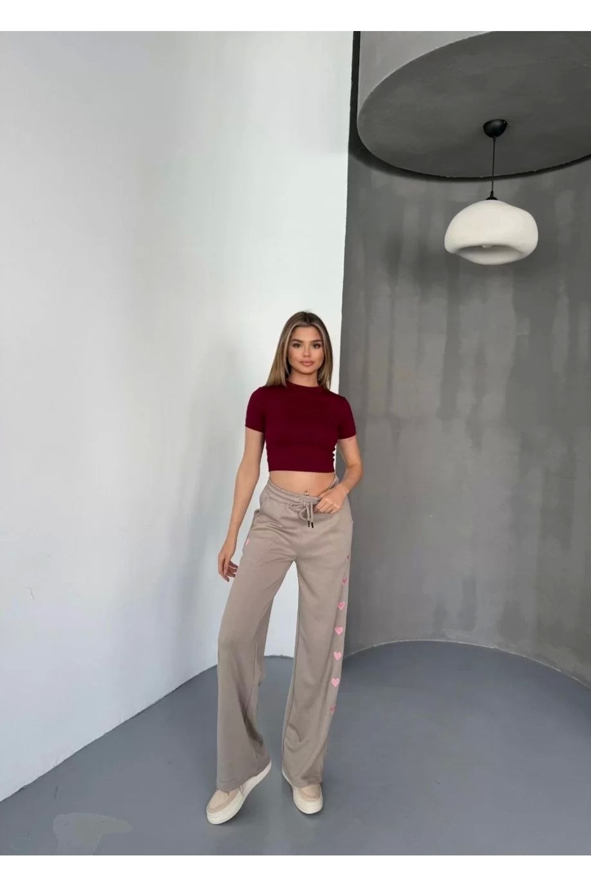 CVS Osy Modal Yumuşak Dokulu Kumaş Nakış işlemeli Rahat Bol Paça Eşofman Pantalon - Bej