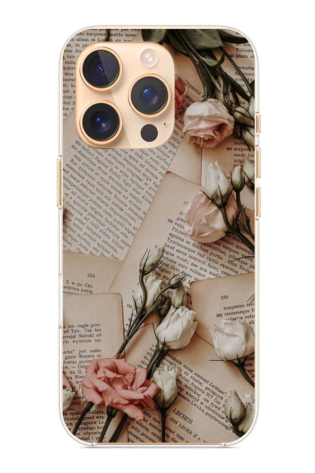 TechTree iPhone 16 Pro Uyumlu Retro Gazete Güller Tasarımlı Şeffaf Silikon Kılıf