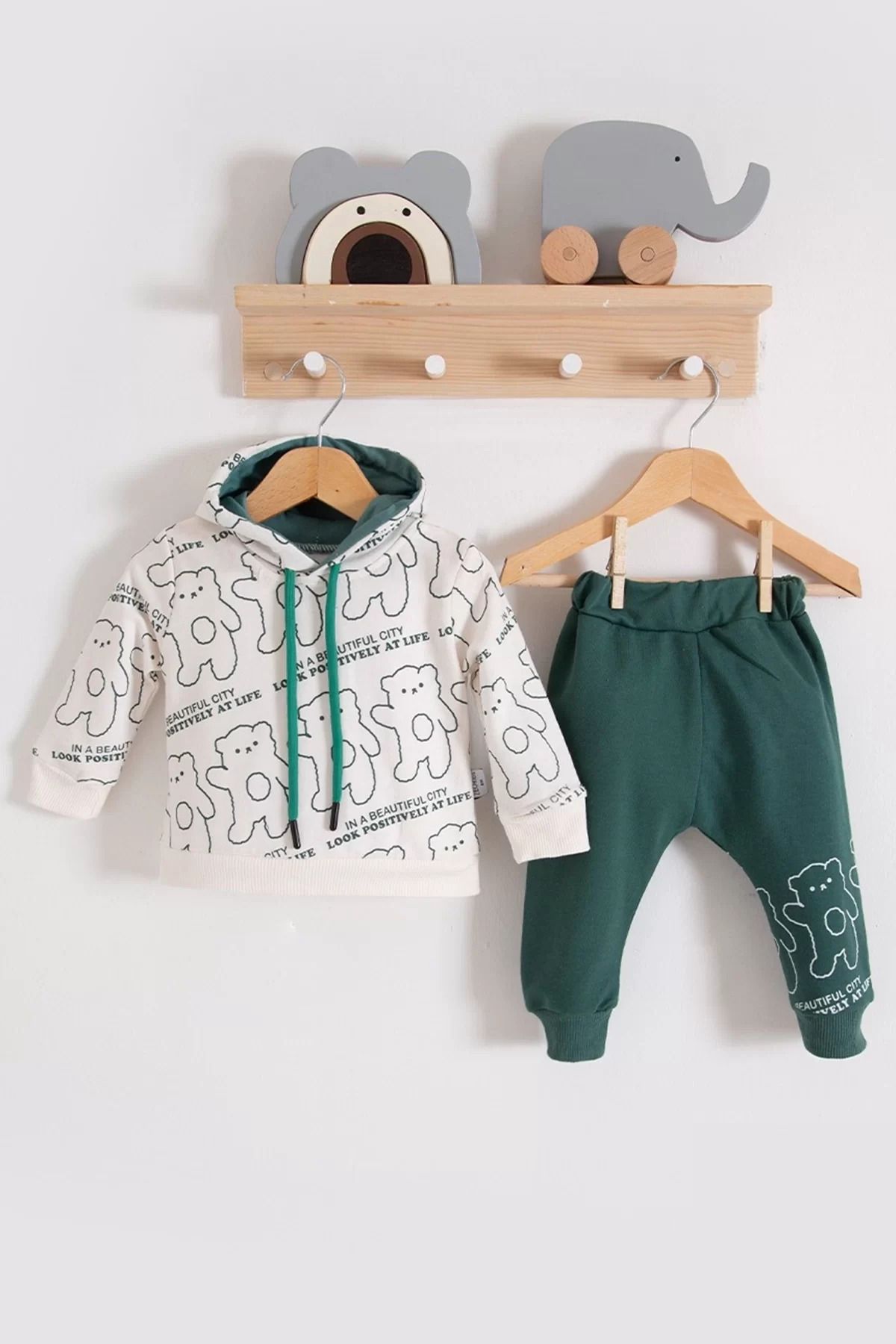 Shop58 Çapraz Bears Kapüşonlu % 100 Pamuk Erkek Bebek Takımı