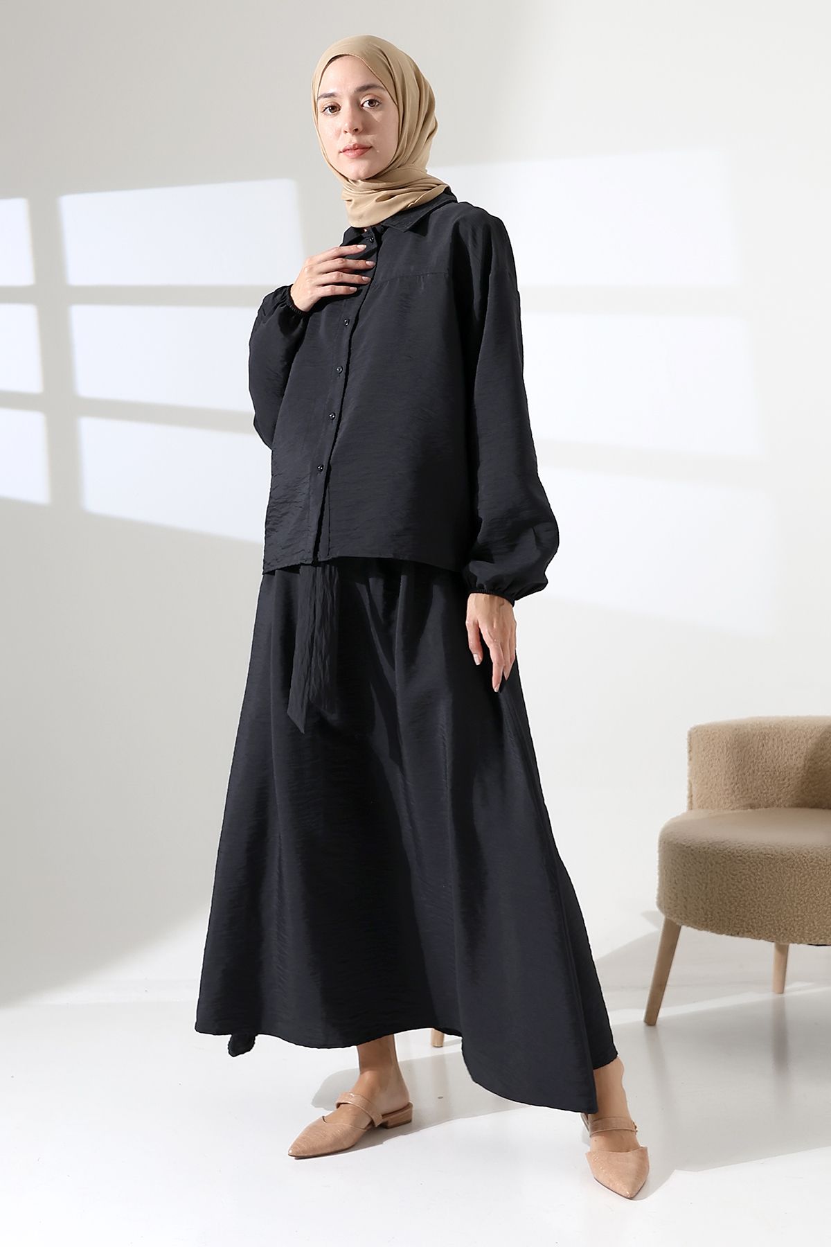 Mihran Butik Kadın 100% Pamuk Modal Siyah Gömlek Etek Tesettür Takım