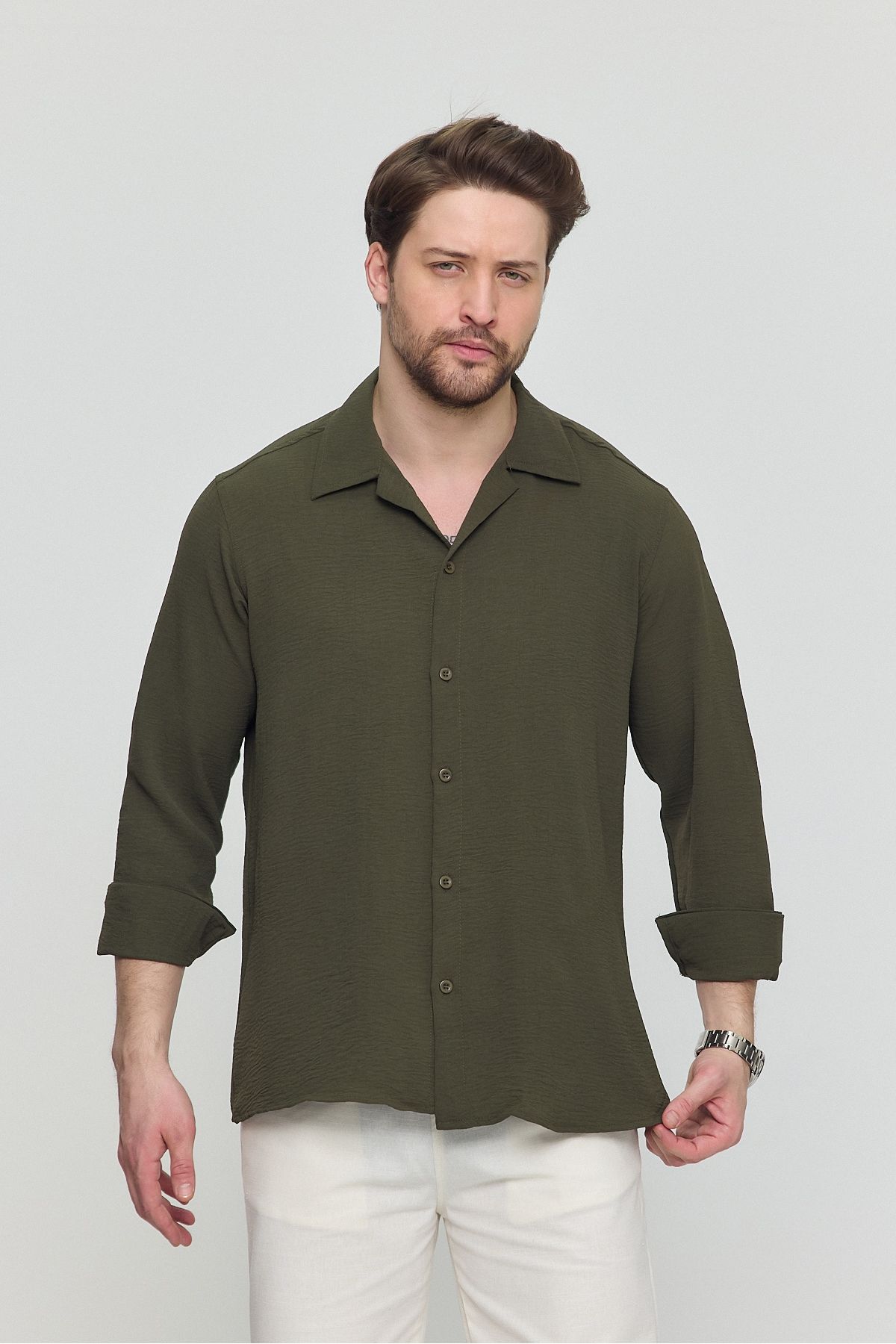 Gray Clothing Yazlık Keten Dokulu Bol Kalıp Oversize Salaş Erkek Gömlek Haki