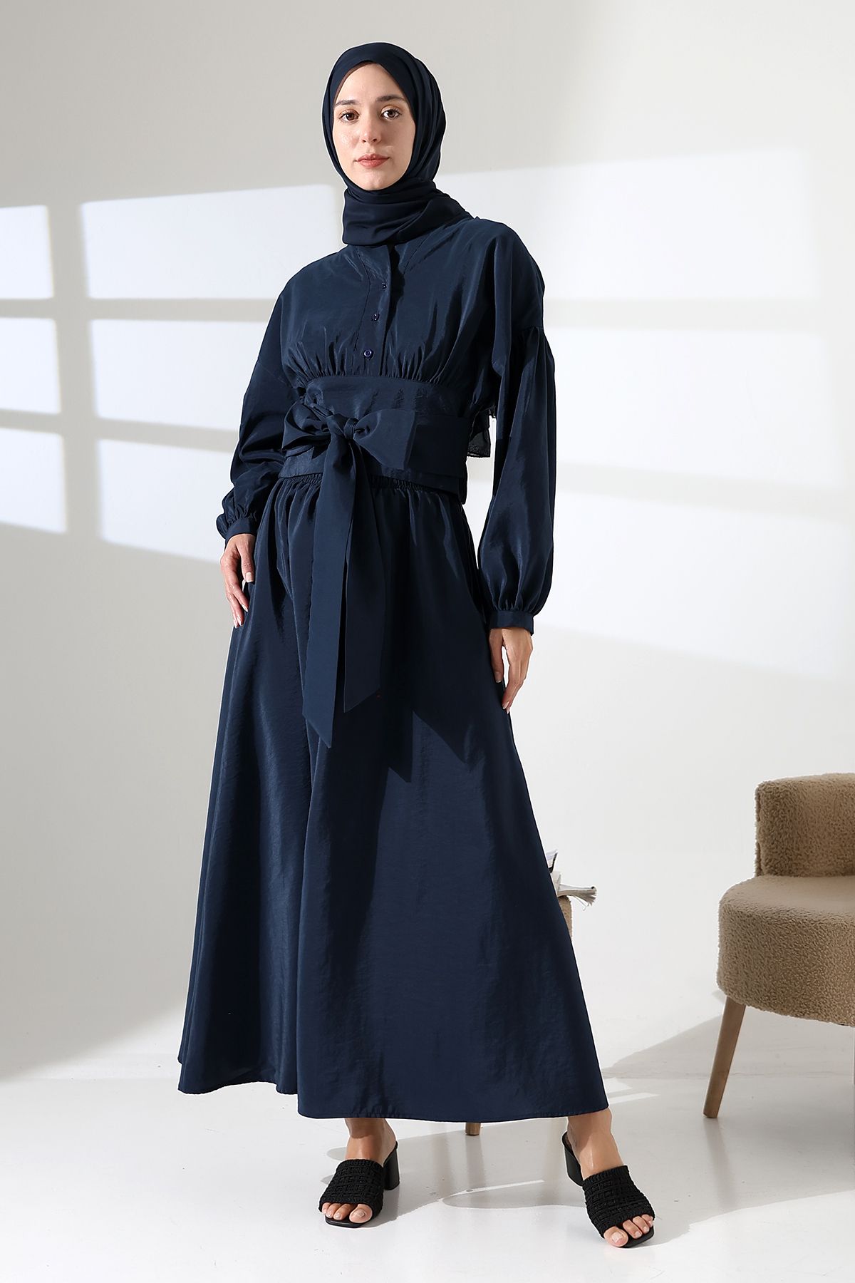 Mihran Butik Kadın 100% Pamuk Modal Lacivert Gömlek Etek Tesettür Takım