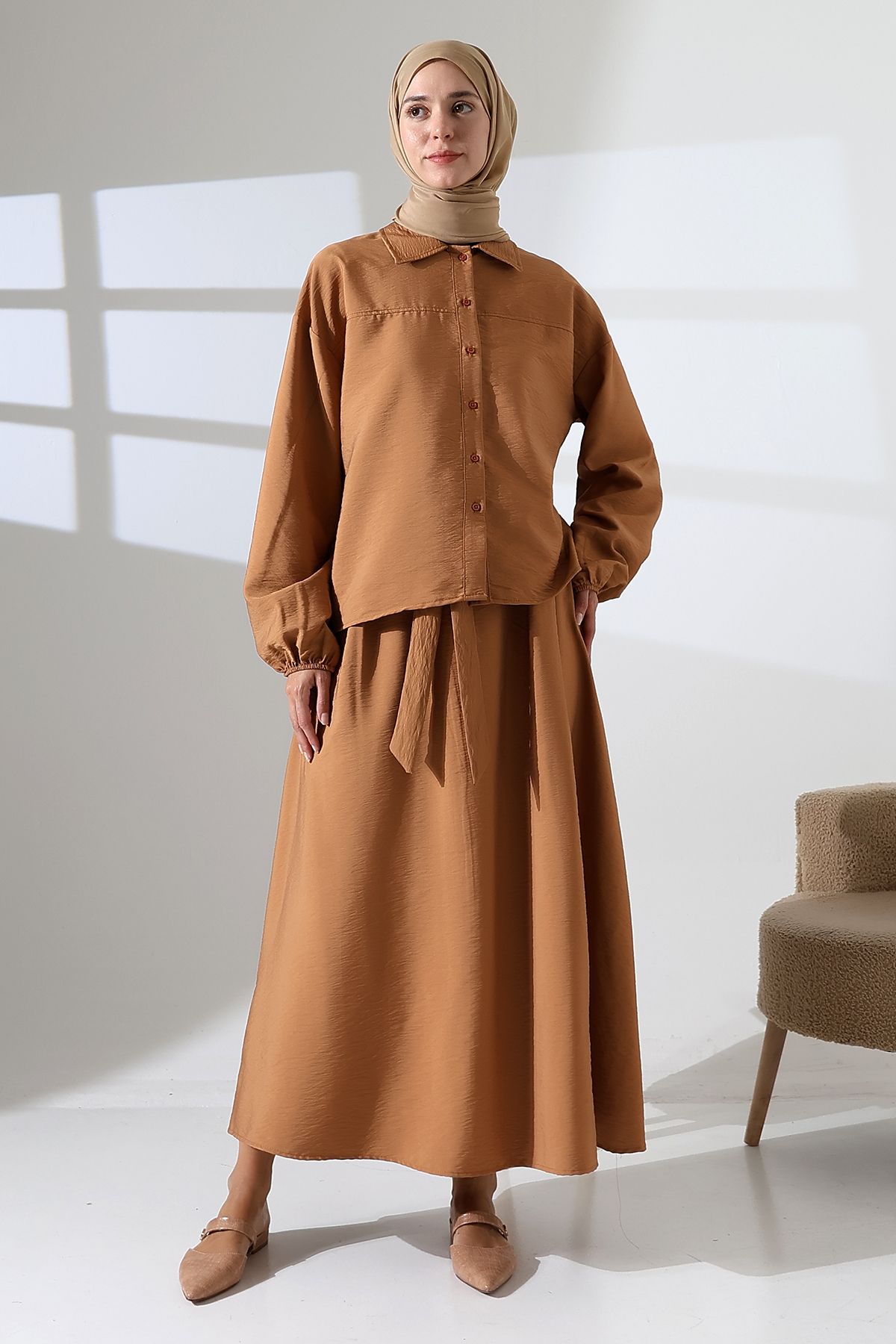 Mihran Butik Kadın 100% Pamuk Modal Camel Gömlek Etek Tesettür Takım
