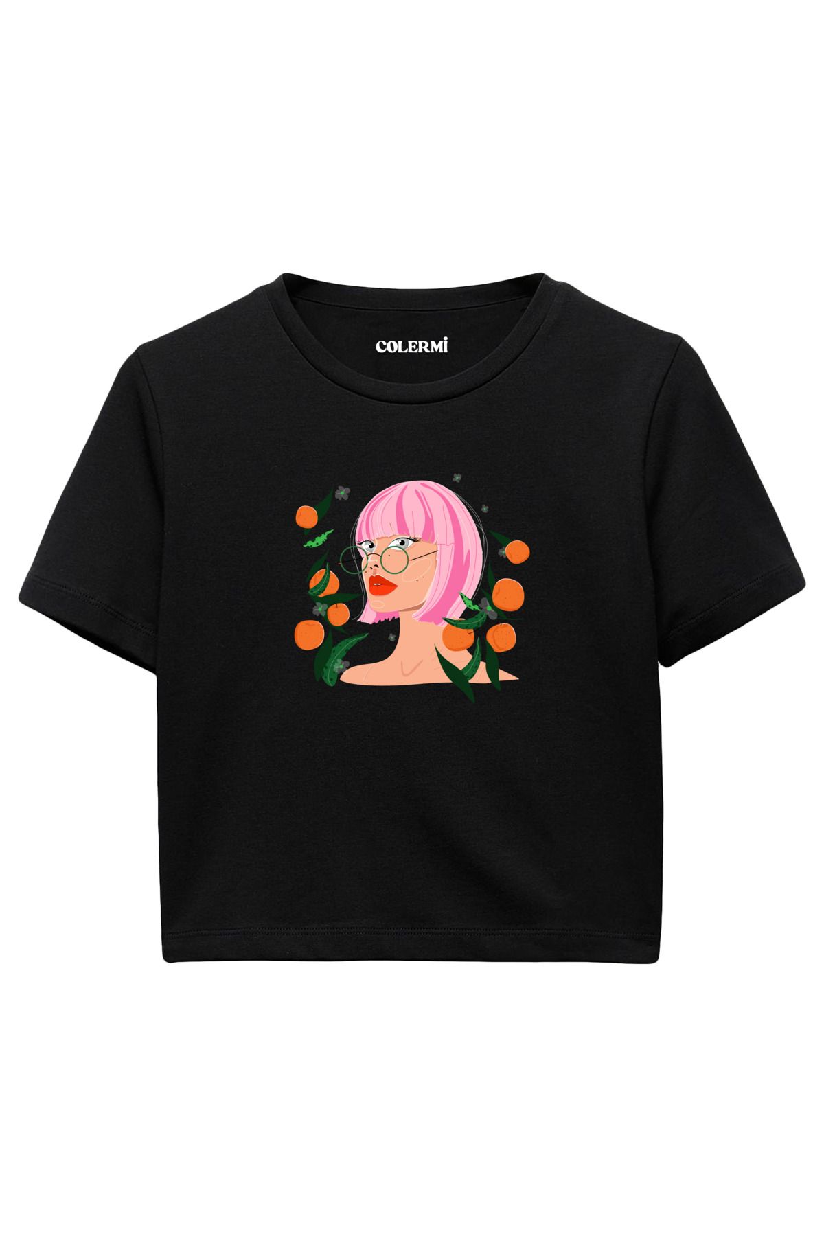 Colermi Mandalina Bahçesi Kadın İllüstrasyonlu %100 Pamuk Kadın Crop Tshirt