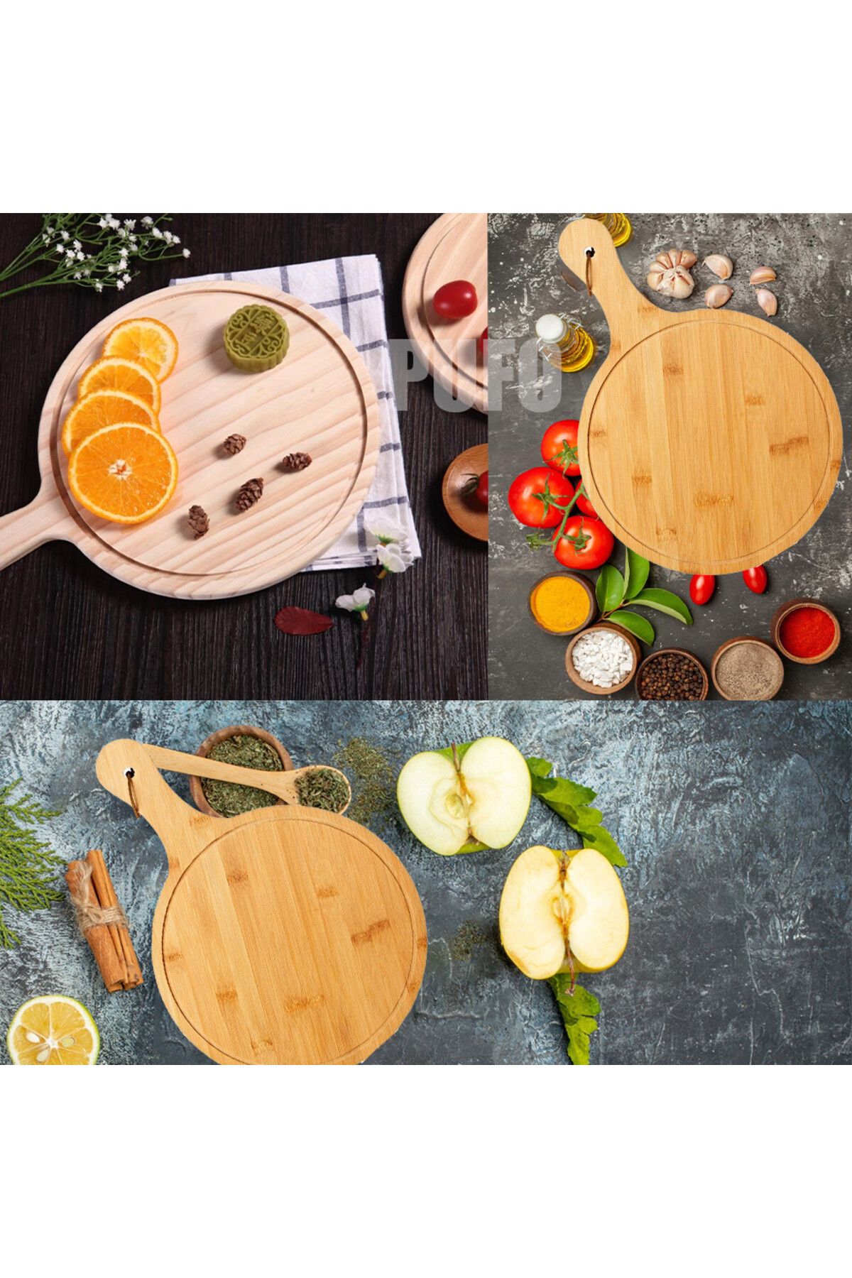 PUFO-round bamboo platter with handle for serving food, appetizers, pizza, 44 cm, brown 6