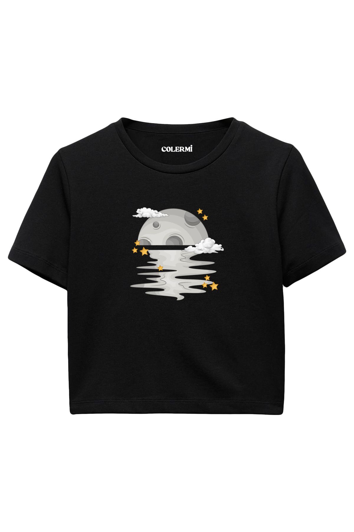 Colermi Yansıyan Ay ve Yıldızlar %100 Pamuk Kadın Crop Tshirt