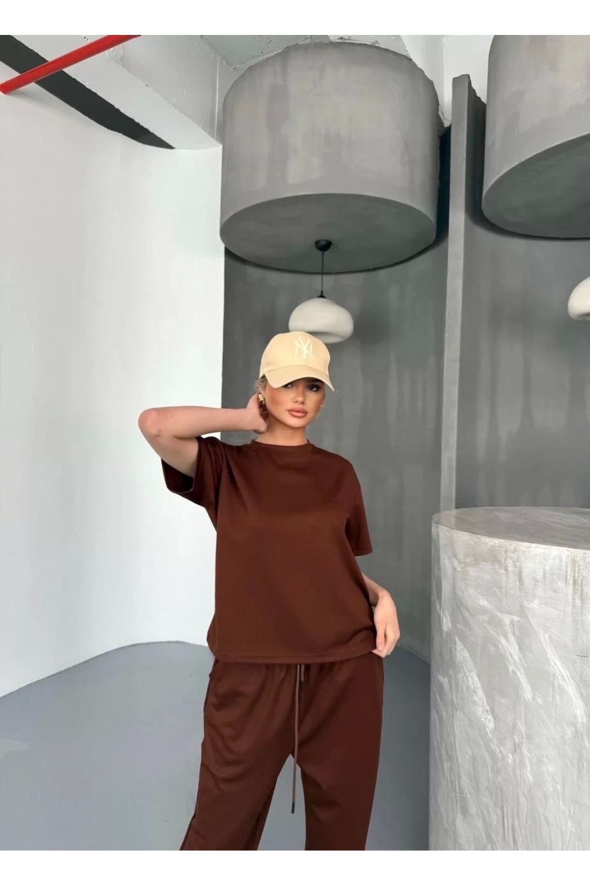 CVS Osy Modal Yumuşak Dokulu Kumaş Kısa Kollu Bluz Rahat Pantalon ikili Takım- Kahverengi