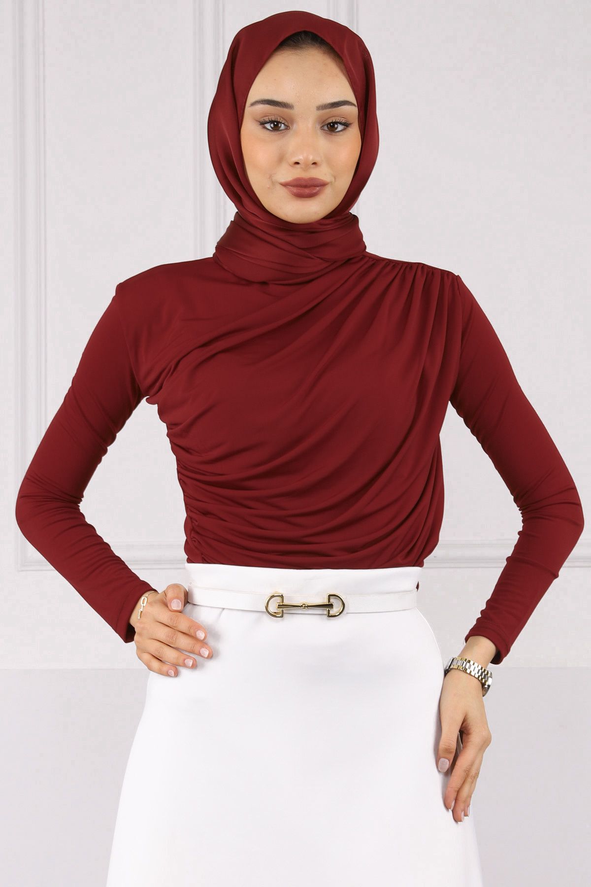 İmajButik Bordo Önü Drapeli Sandy Bluz