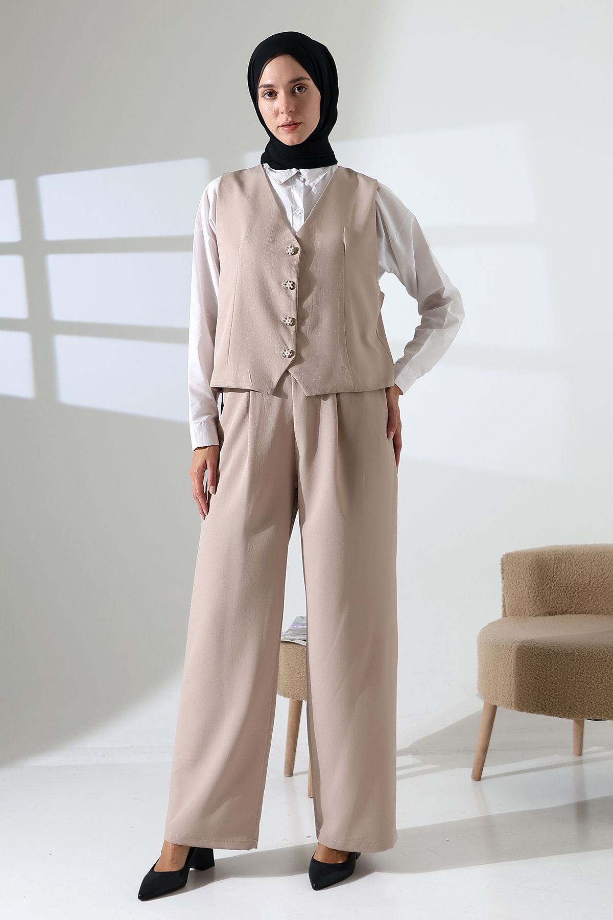 Mihran Butik Kadın 100% Pamuk Dokuma Taş Rengi Yelek Pantolon Tesettür Takım