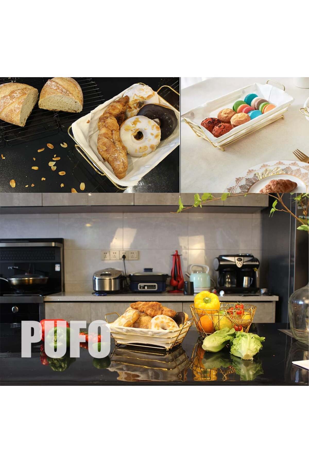 PUFO-Rectangular metal basket kitchen for serving bread, with legs and removable textile cover 8