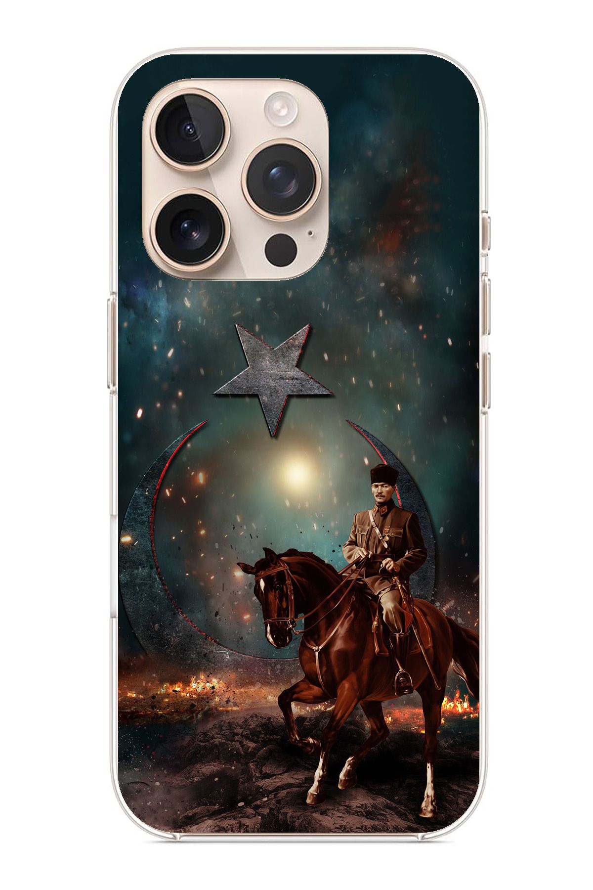 TechTree iPhone 16 Pro Max Uyumlu Atatürk At Üstünde Zafer Şeffaf Silikon Kılıf