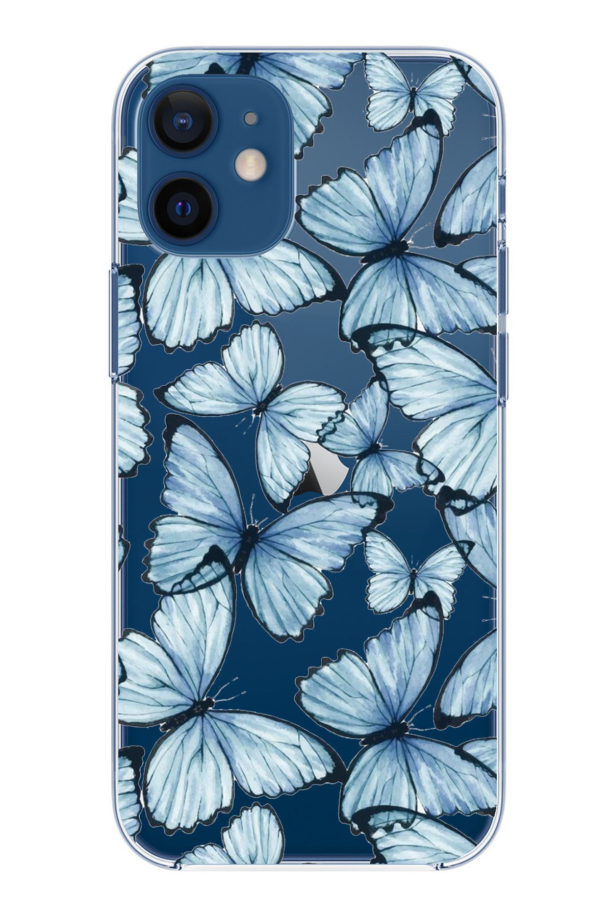 TechTree iPhone 12 Mini Uyumlu Mavi Kelebekler Tasarımlı Şeffaf Silikon Kılıf