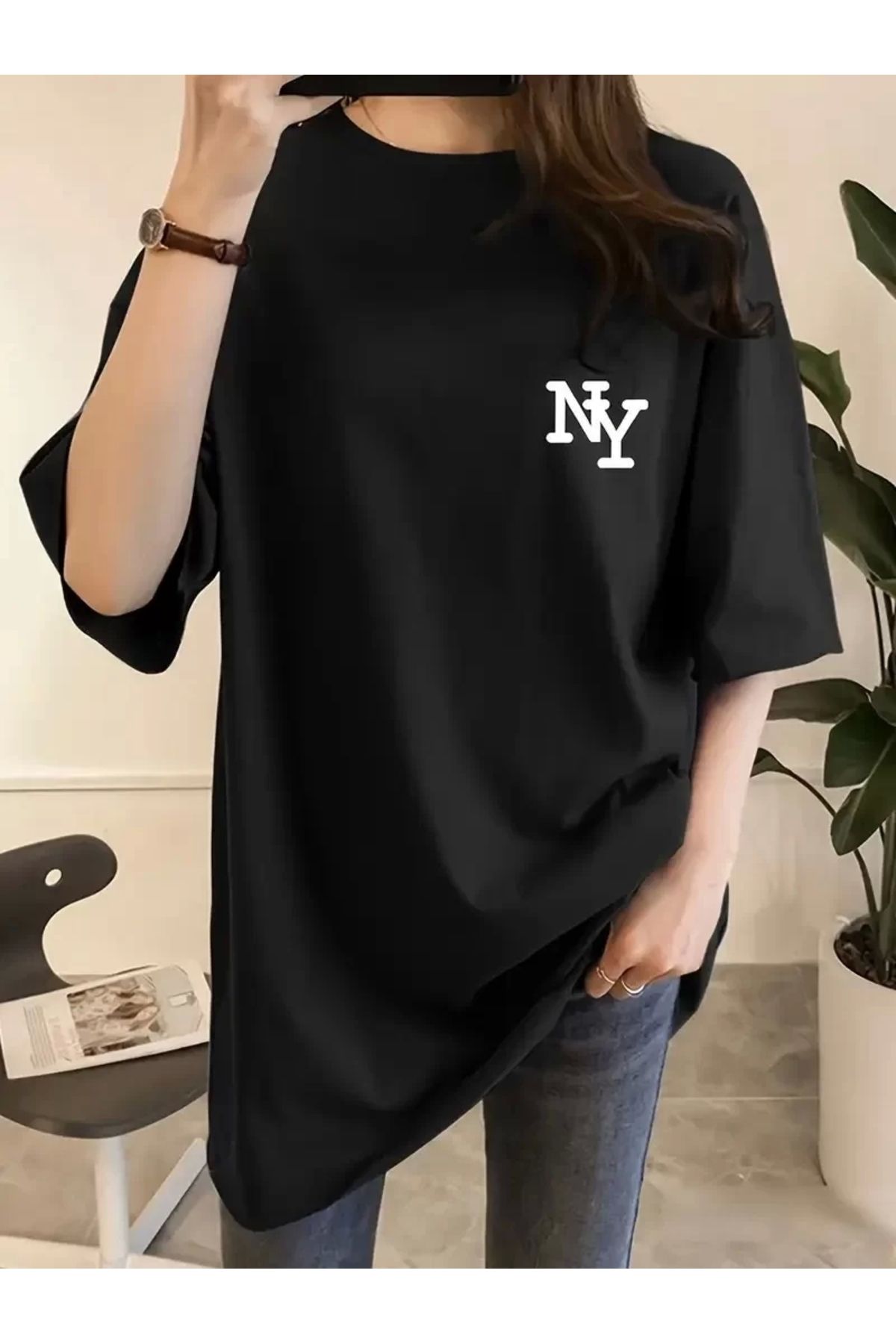 CVS Kadın Eğlenceli Harf NY Baskılı Bisiklet Yaka Tişört - Rahat Polyester, Makinede Yıkanabilir - Yaz v