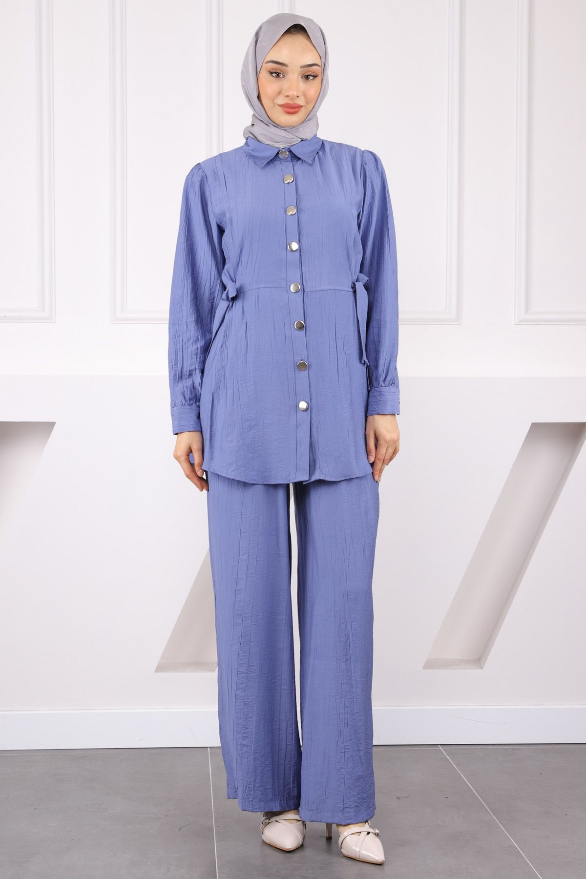 İmajButik İndigo Bel Bağlamalı Tunik Pantolonlu Takım