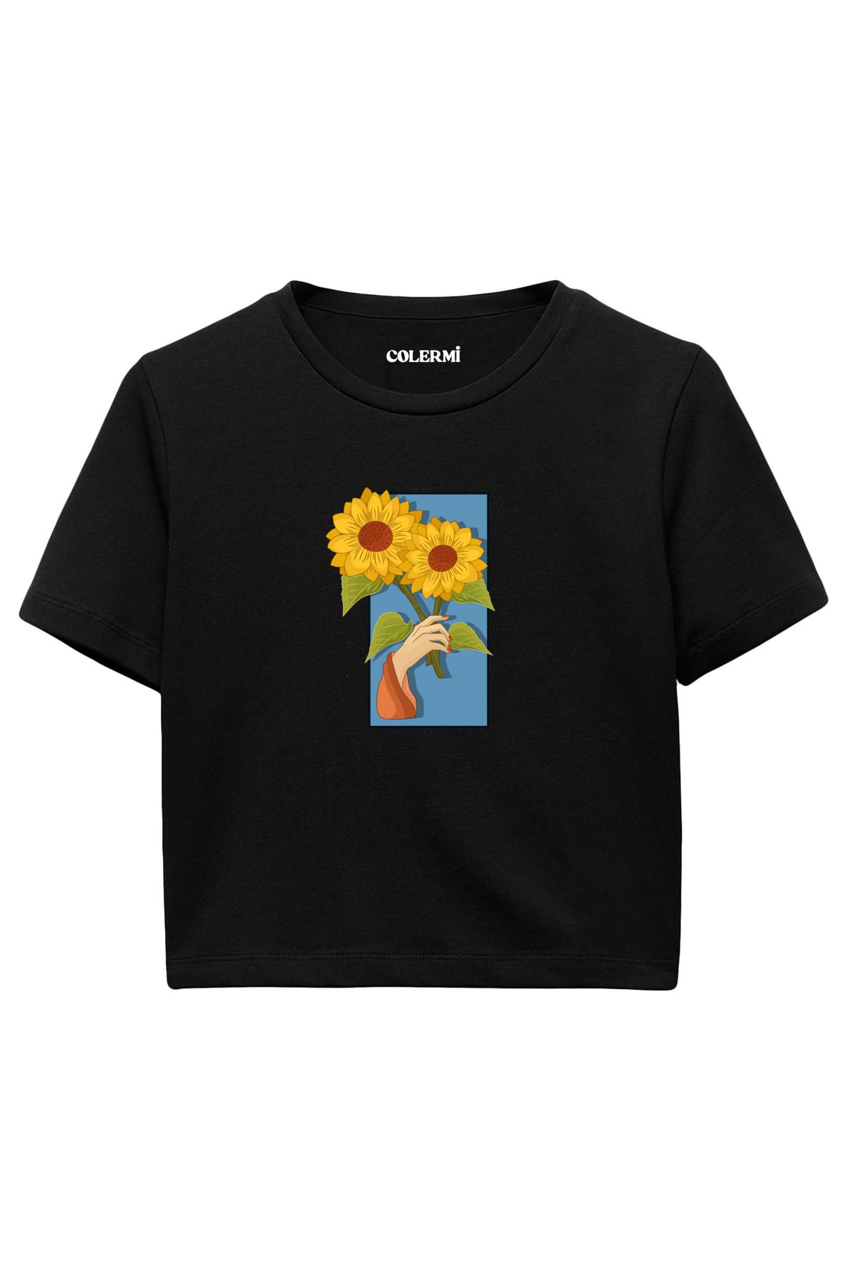 Colermi Ayçiçeği Tutulmuş %100 Pamuk Kadın Crop Tshirt