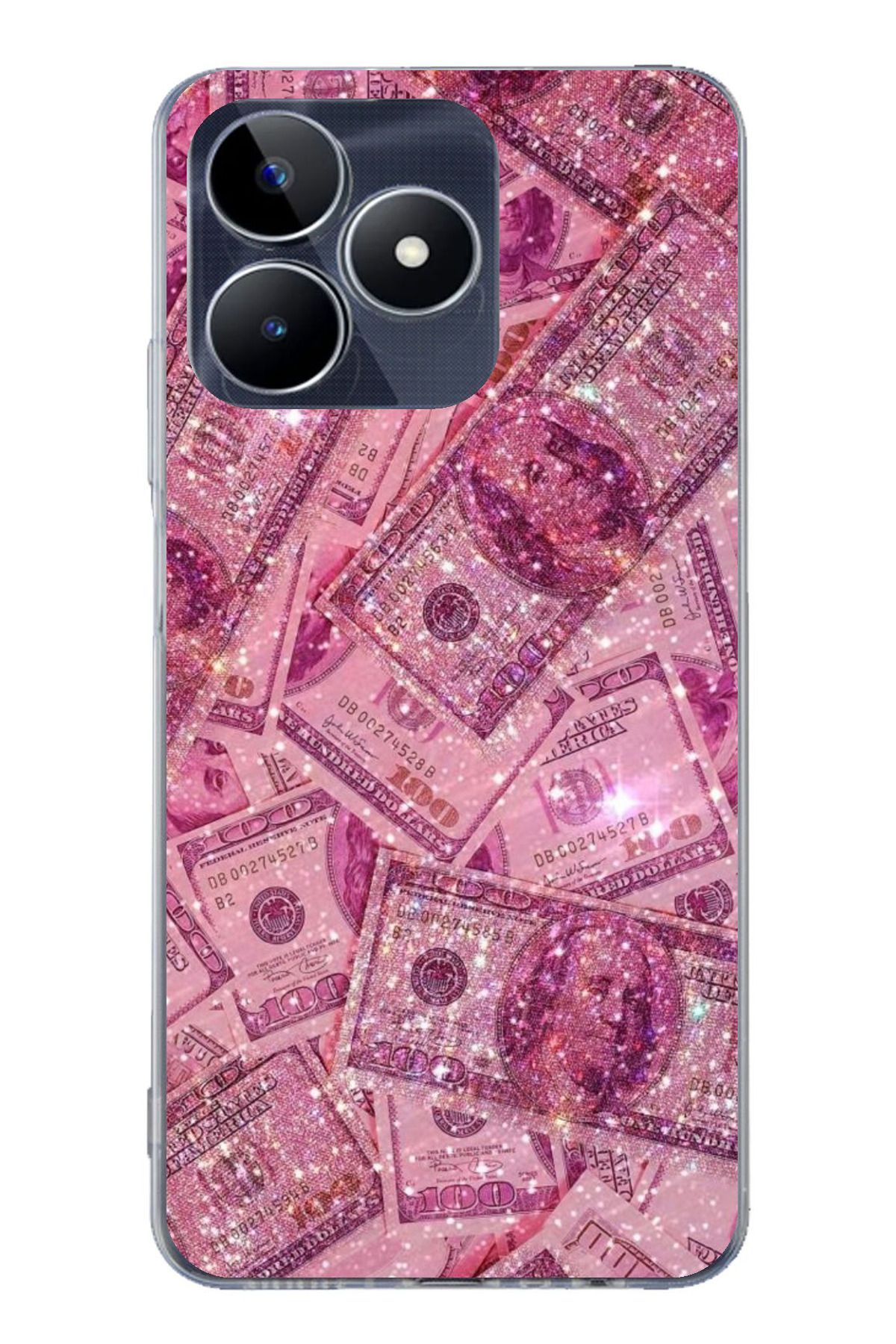 TechTree Realme C53 Uyumlu Pembe Işıltılı Dolarlar Şeffaf Silikon Kılıf