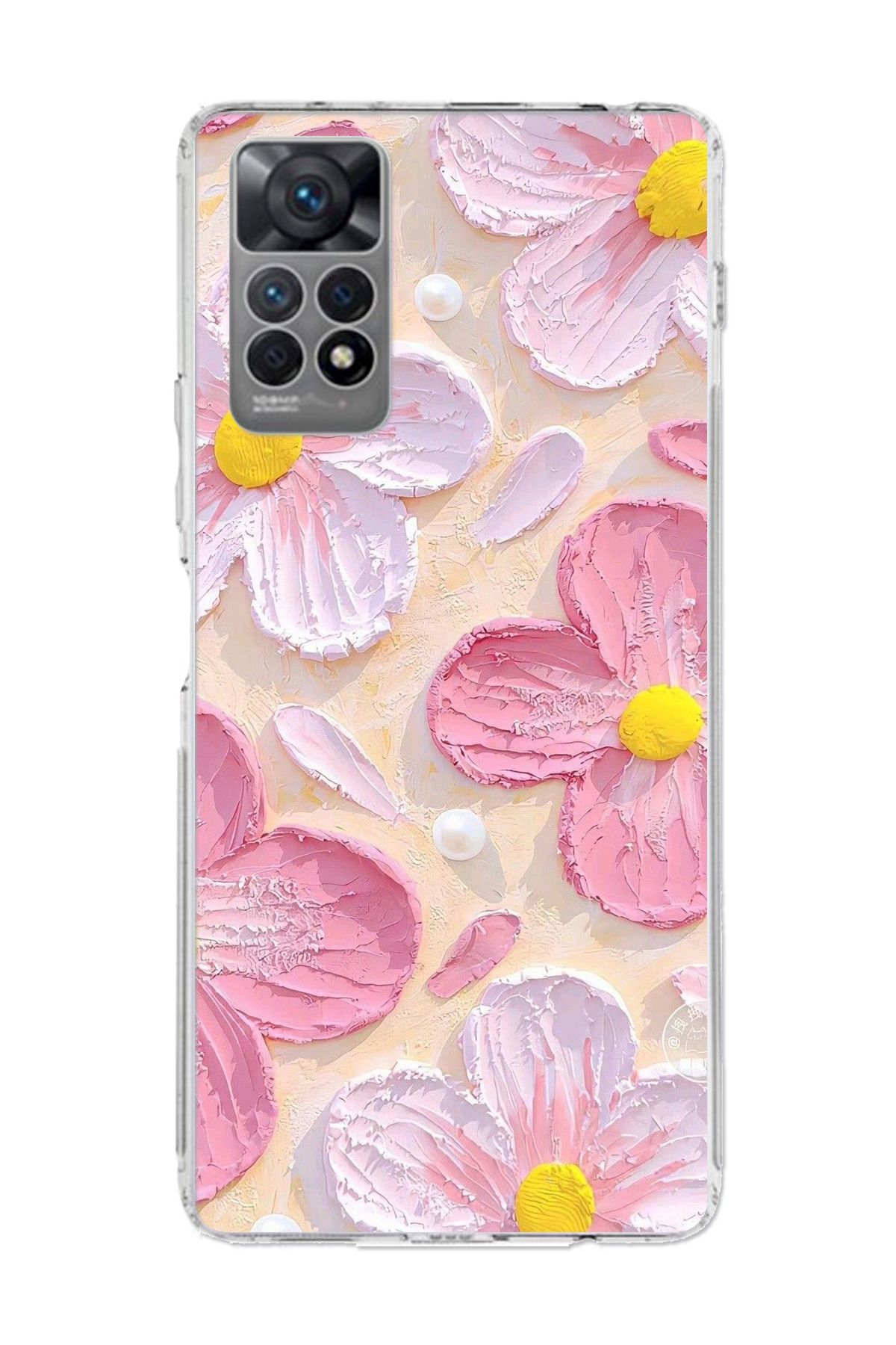 TechTree Redmi Note 11 PRO 4G Uyumlu Pembe Beyaz Çiçekler Sulu Boya Şeffaf Silikon Kılıf