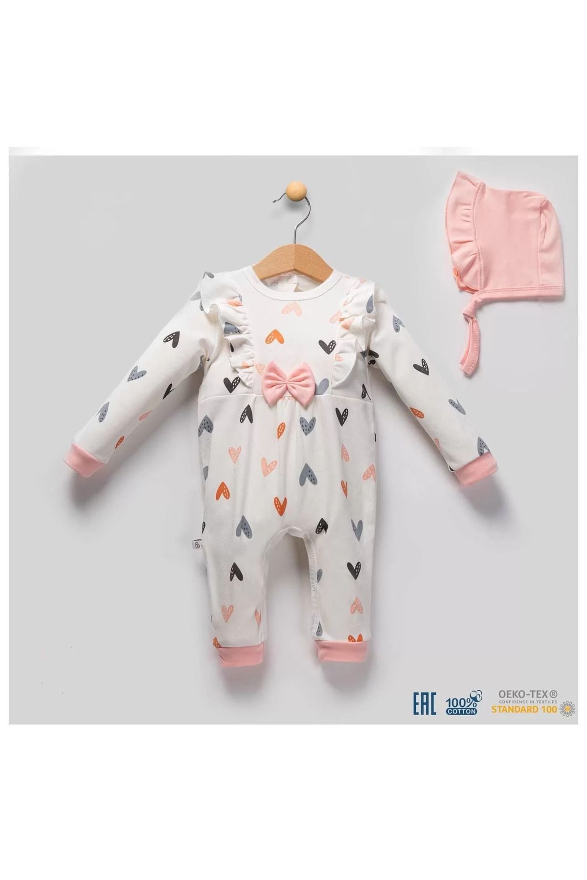 Shop58 Kalp Desenli % 100 Pamuk Kız Bebek Tulumu