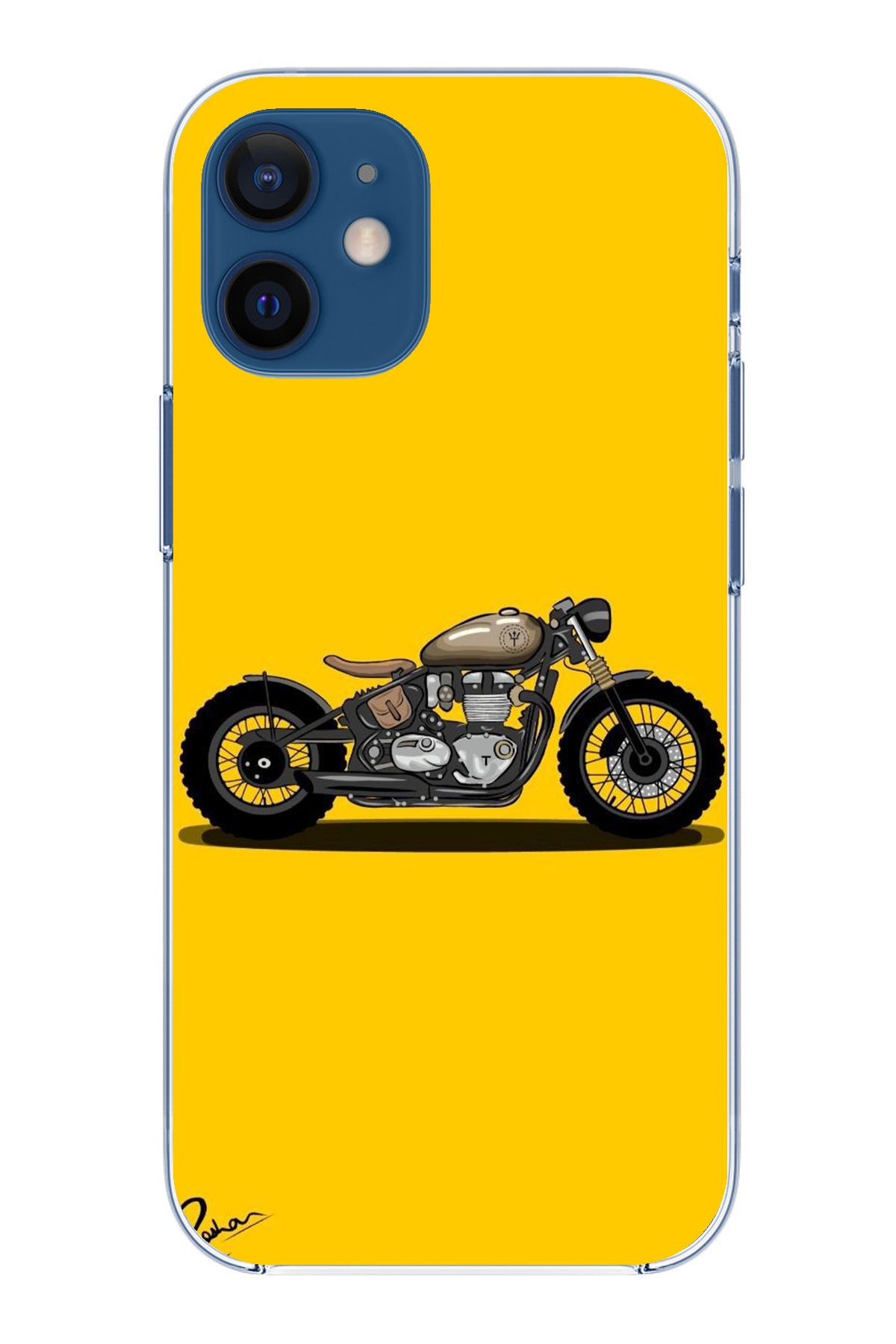 TechTree iPhone 12 Mini Uyumlu Klasik Motor Sarı Tasarımlı Şeffaf Silikon Kılıf