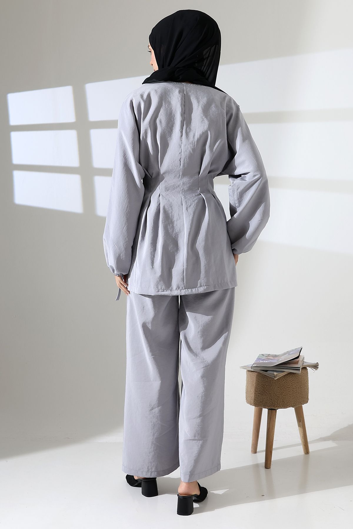Mihran Butik-Women's 100% Cotton Modal Gray Kimono Pants Hijab Suit 8