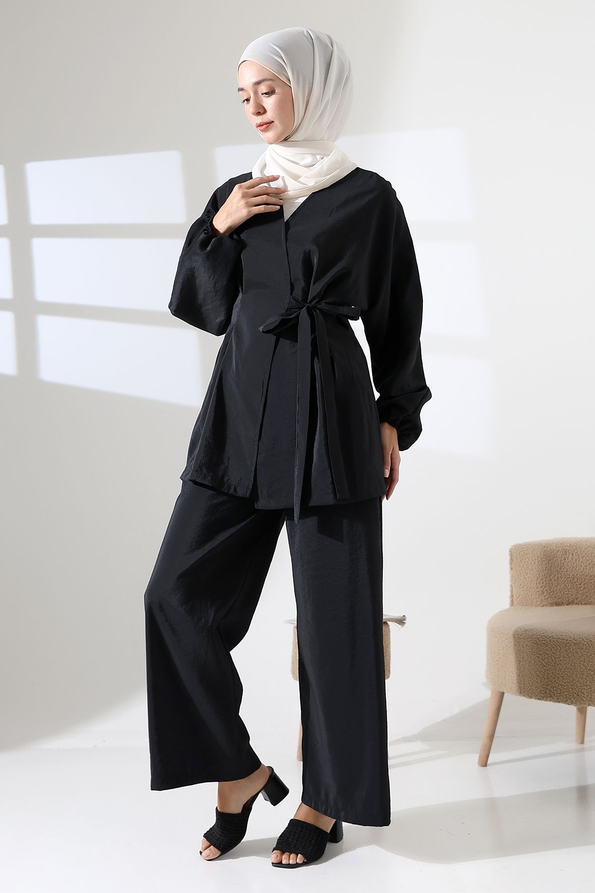 Mihran Butik Kadın 100% Pamuk Modal Siyah Kimono Pantolon Tesettür Takım