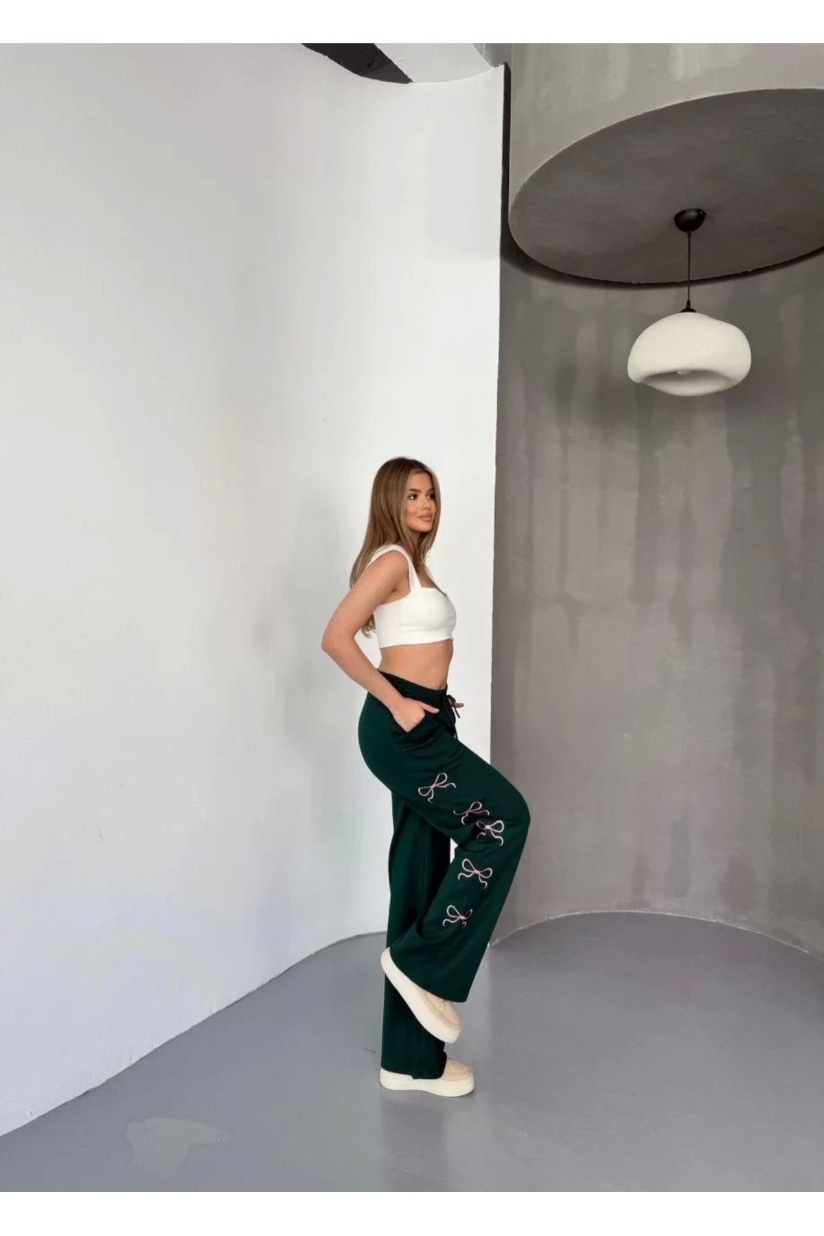 CVS Osy Modal Yumuşak Dokulu Kumaş Nakış işlemeli Rahat Bol Paça Eşofman Pantalon - Haki