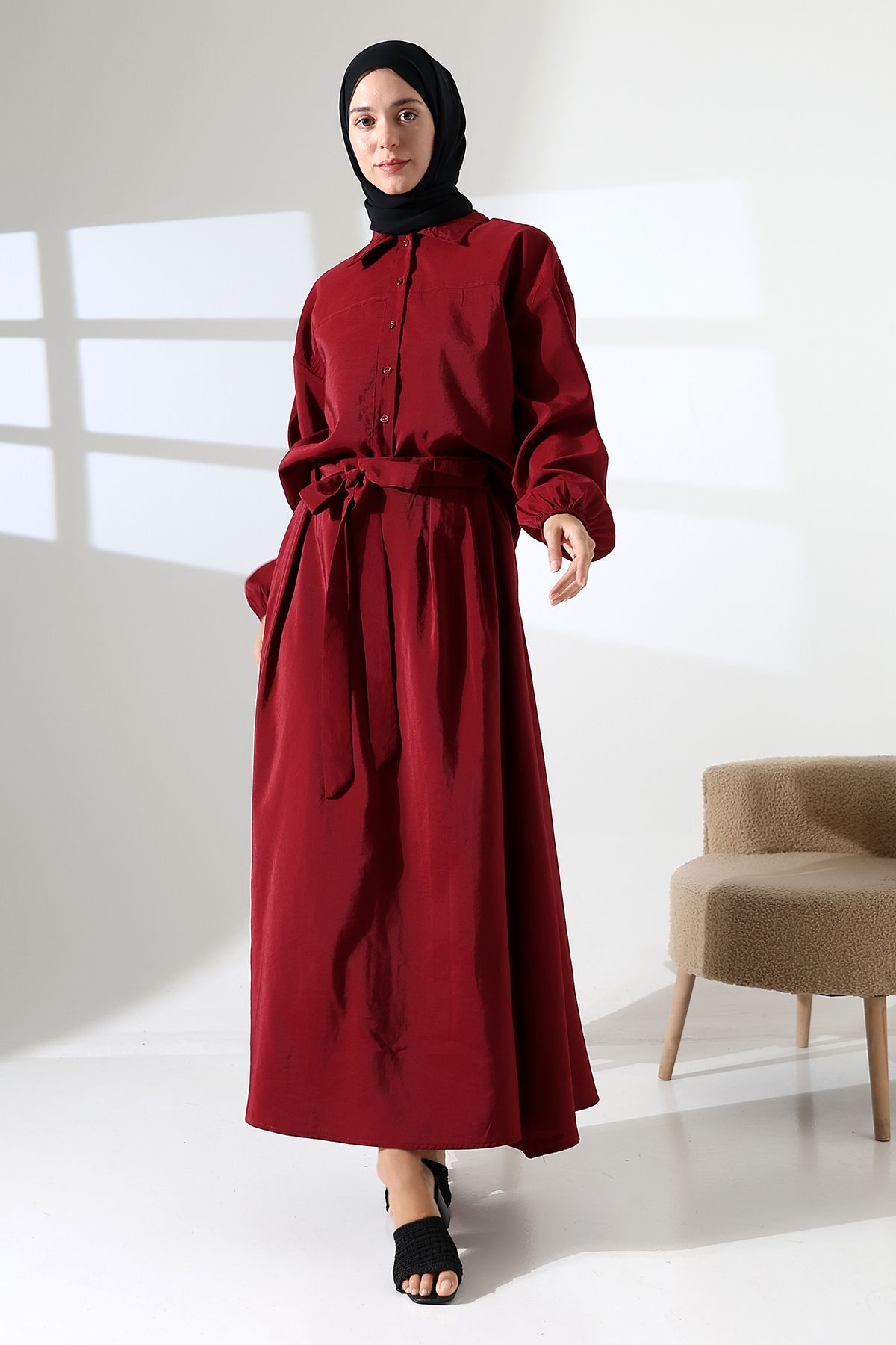 Mihran Butik Kadın 100% Pamuk Modal Bordo Gömlek Etek Tesettür Takım