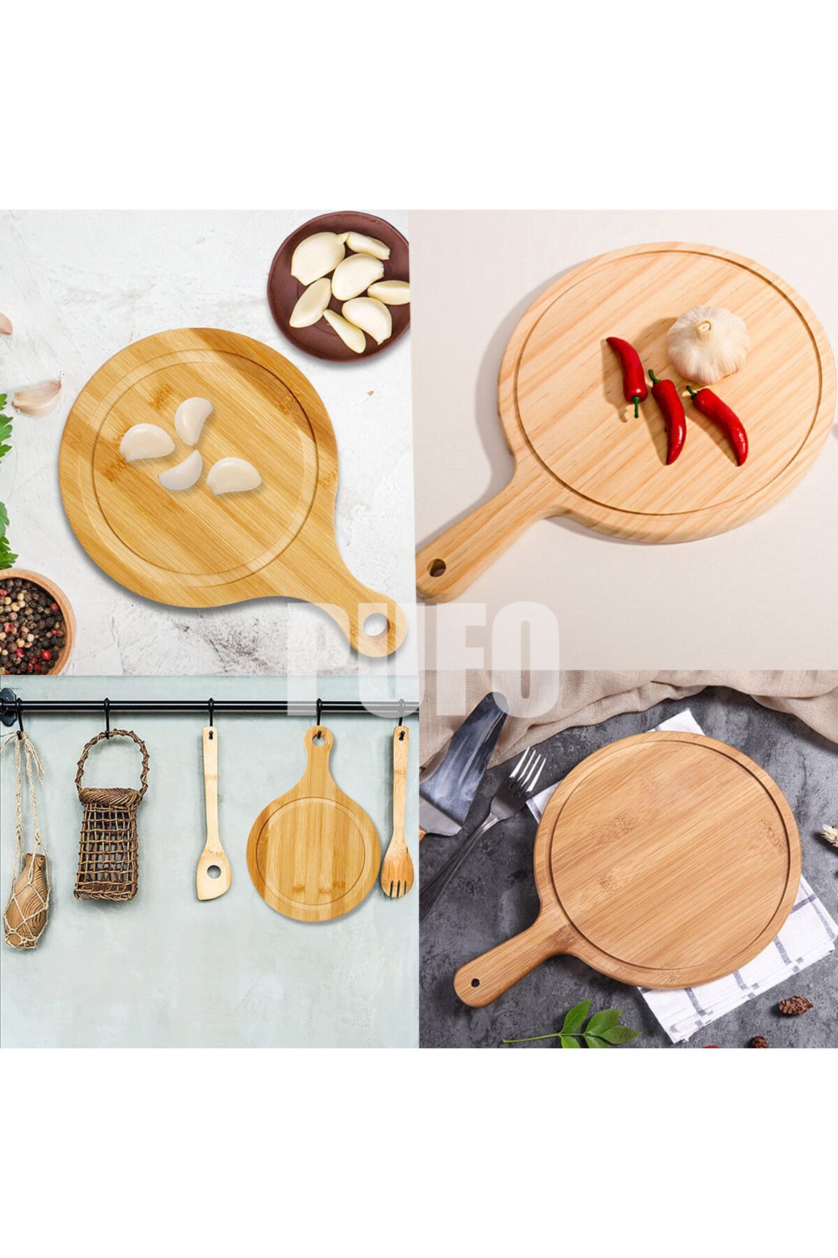PUFO-round bamboo platter with handle for serving food, appetizers, pizza, 44 cm, brown 4