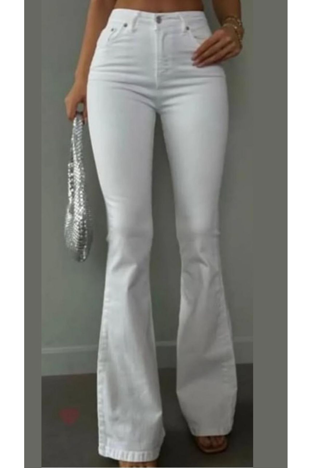 AsiaLife BEYAZ İSPANYOL PAÇA YÜKSEK BEL JEANS