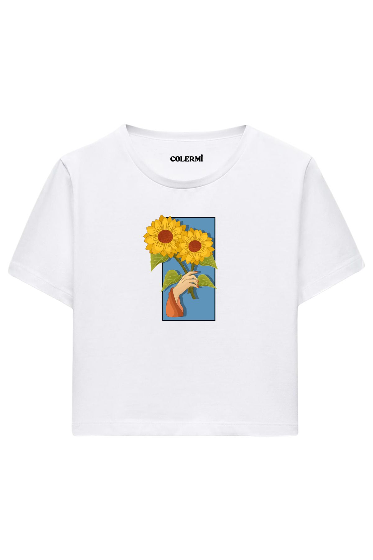 Colermi Ayçiçeği Tutulmuş %100 Pamuk Kadın Crop Tshirt